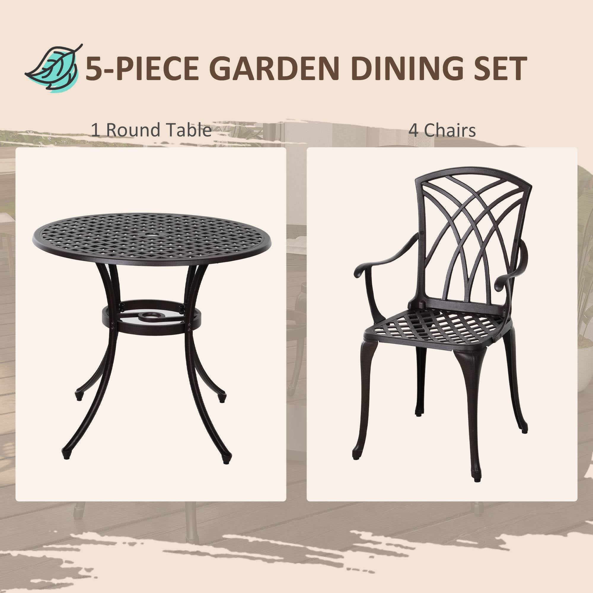 Outsunny 5 Pieces Outdoor Dining Set, Cast Aluminium Patio Table and Chairs with Parasol Hole for Garden Backyard Poolside, Patio Dining Set for 4, Brown