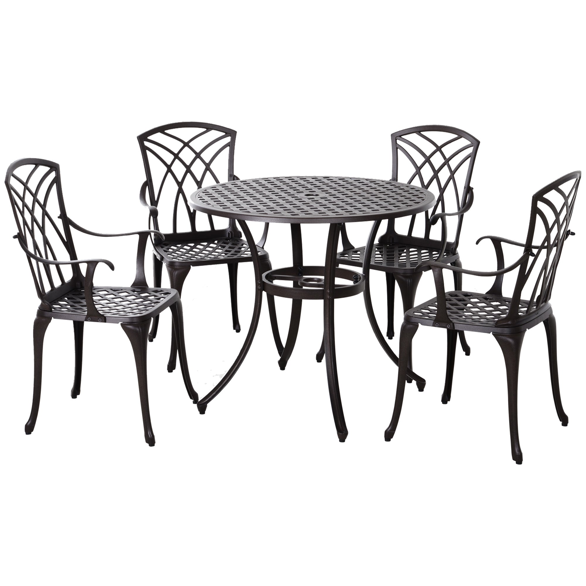 Outsunny 5 Pieces Outdoor Dining Set, Cast Aluminium Patio Table and Chairs with Parasol Hole for Garden Backyard Poolside, Patio Dining Set for 4, Brown