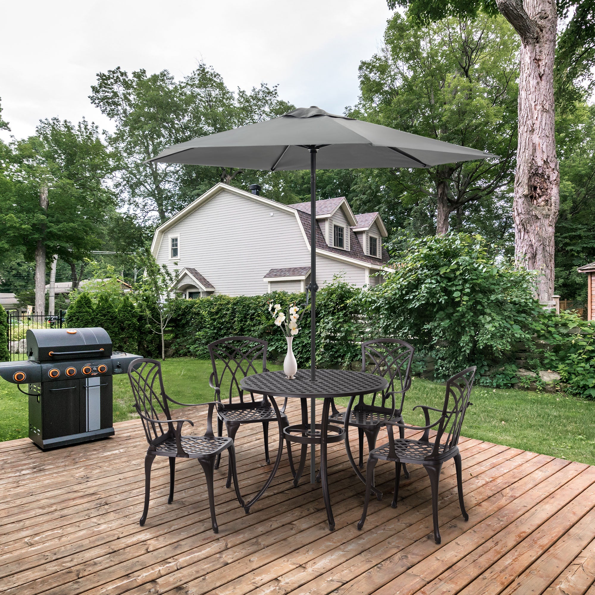 Outsunny 5 Pieces Outdoor Dining Set, Cast Aluminium Patio Table and Chairs with Parasol Hole for Garden Backyard Poolside, Patio Dining Set for 4, Brown