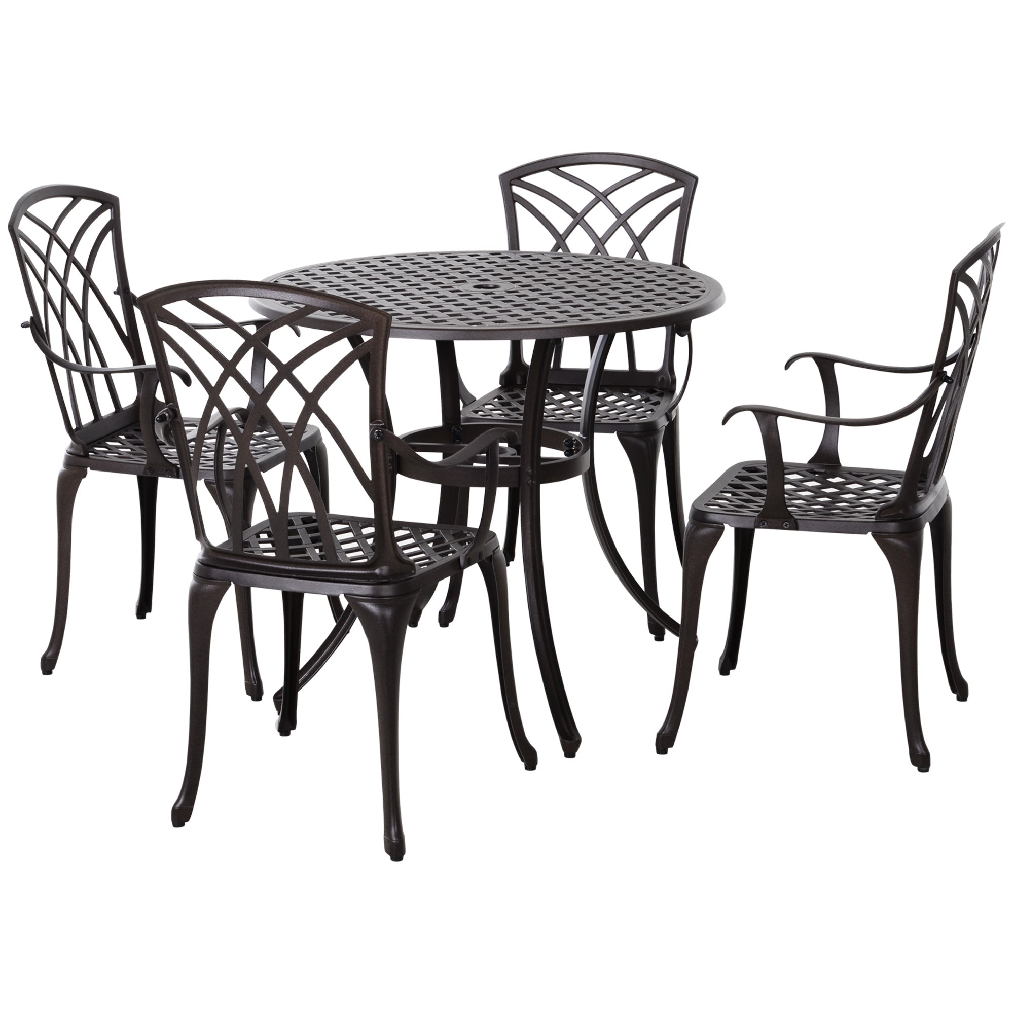 Outsunny 5 Pieces Outdoor Dining Set, Cast Aluminium Patio Table and Chairs with Parasol Hole for Garden Backyard Poolside, Patio Dining Set for 4, Brown