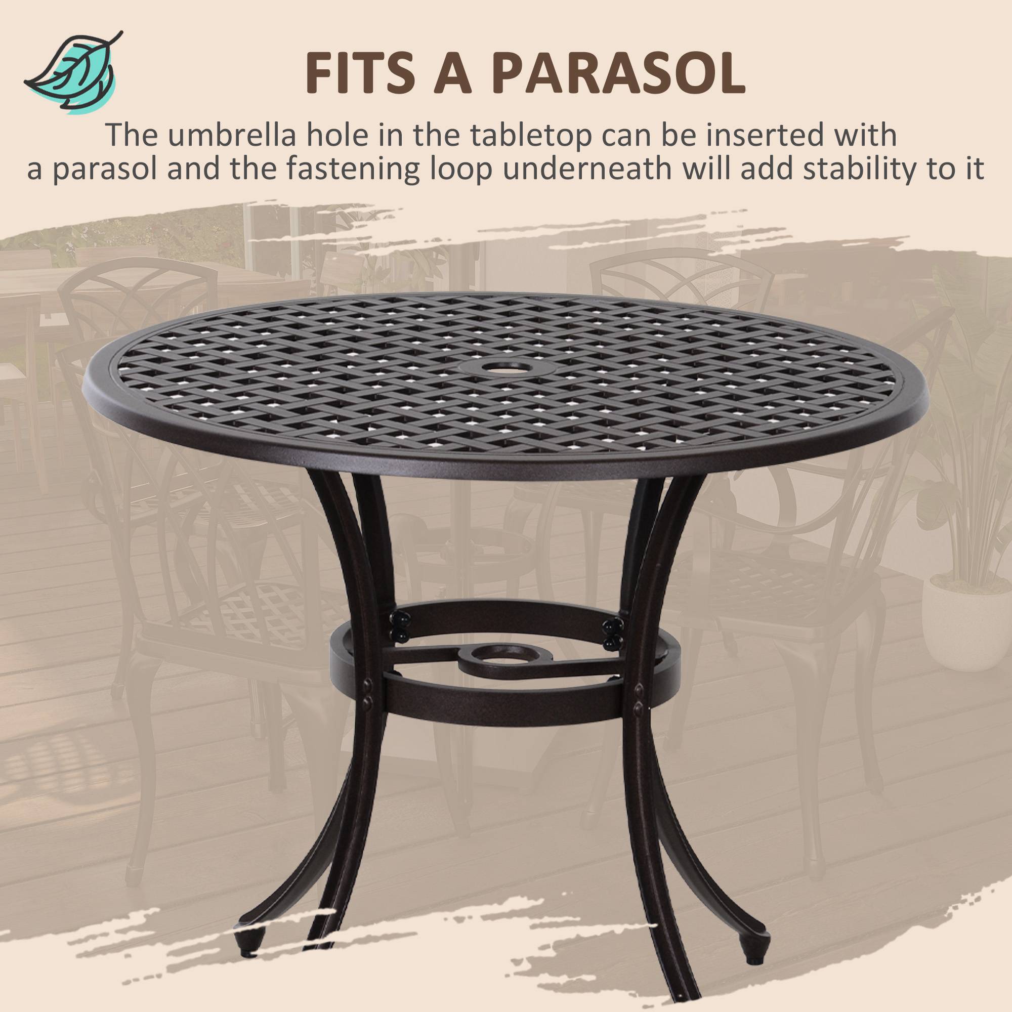Outsunny 5 Pieces Outdoor Dining Set, Cast Aluminium Patio Table and Chairs with Parasol Hole for Garden Backyard Poolside, Patio Dining Set for 4, Brown