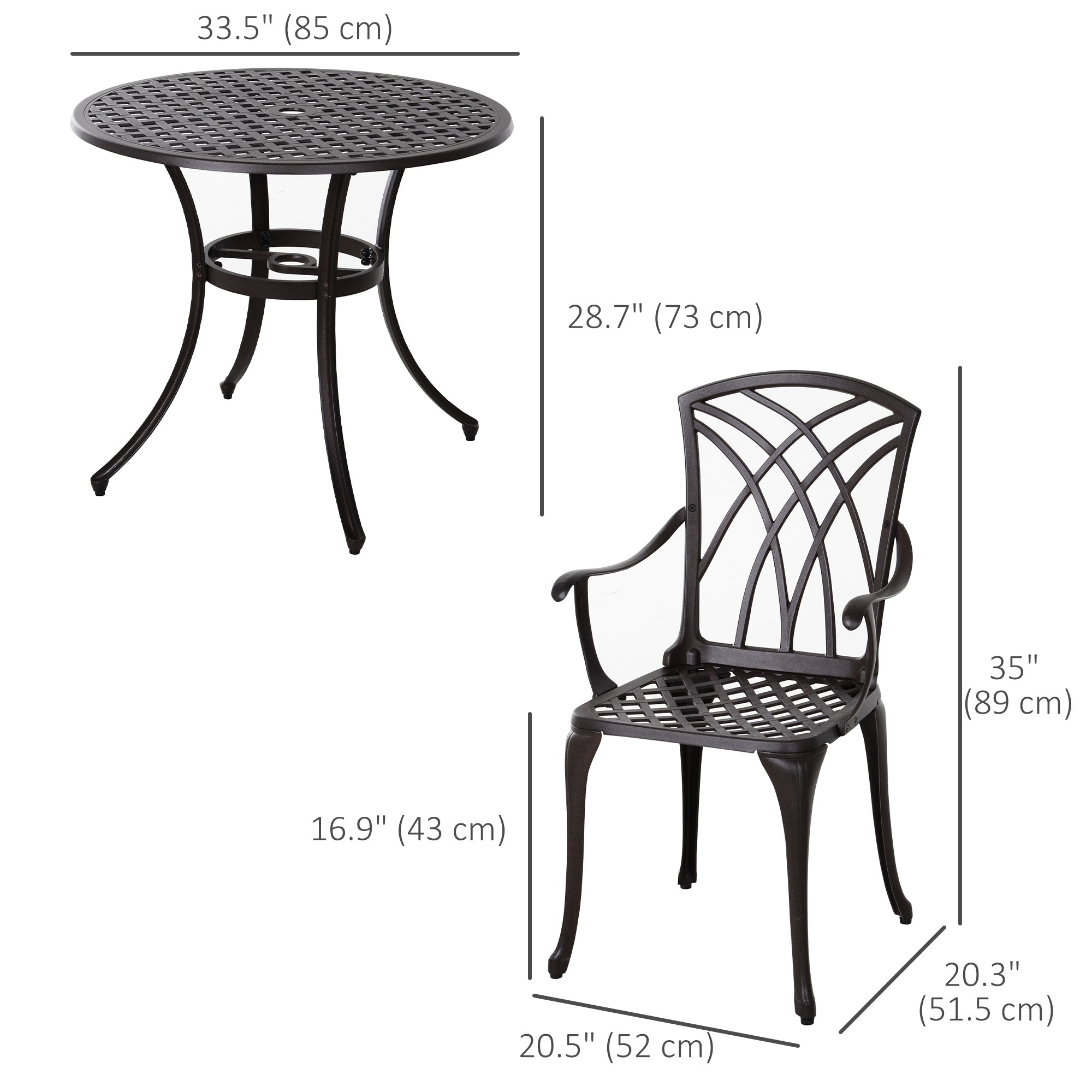Outsunny 5 Pieces Outdoor Dining Set, Cast Aluminium Patio Table and Chairs with Parasol Hole for Garden Backyard Poolside, Patio Dining Set for 4, Brown