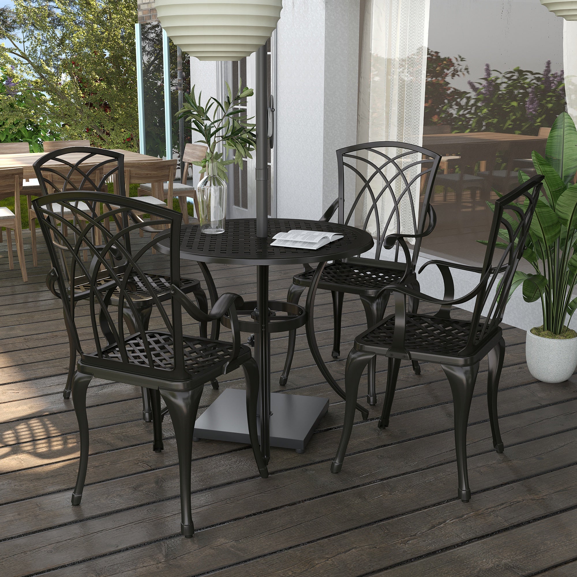 Outsunny 5 Pieces Outdoor Dining Set, Cast Aluminium Patio Table and Chairs with Parasol Hole for Garden Backyard Poolside, Patio Dining Set for 4, Brown
