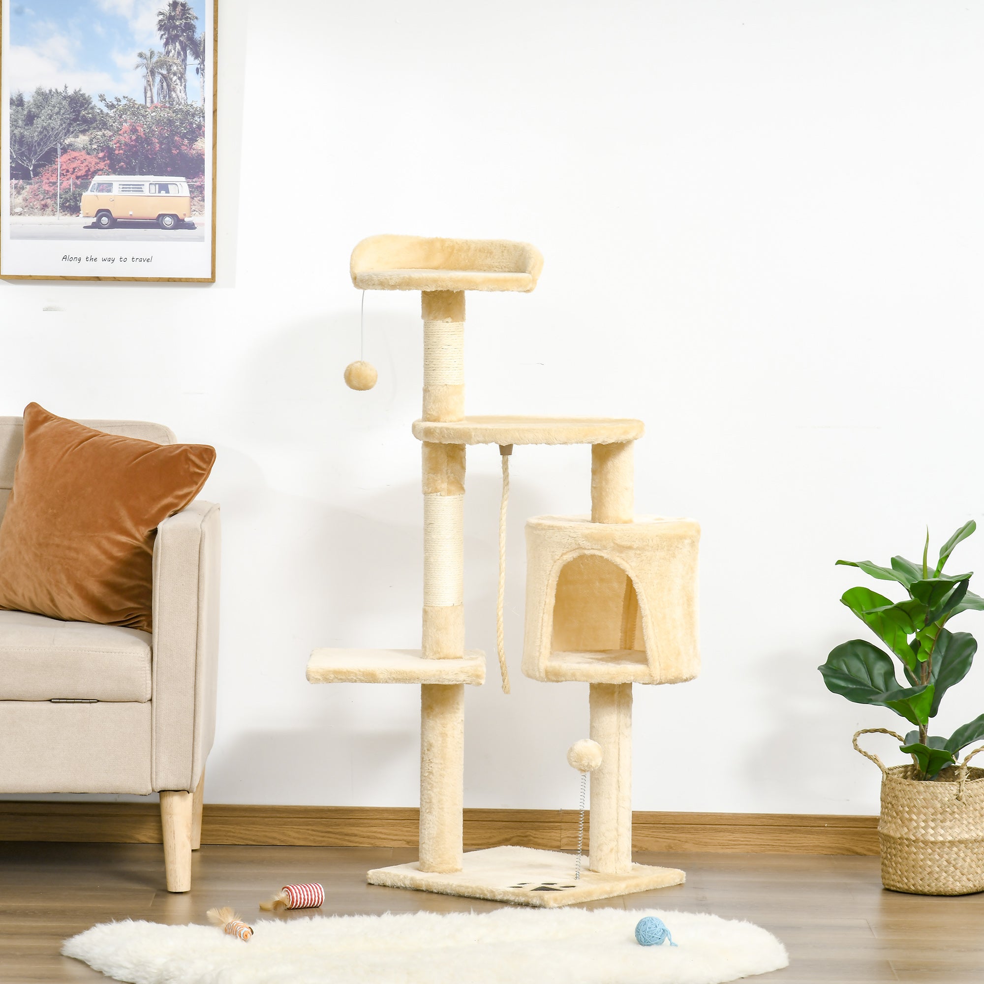 PawHut Cat Tree for Indoor Cats Pet Activity Centre Kitty Condo Climbing Scratching Post with Toys 4-tier 114cm Tall Beige