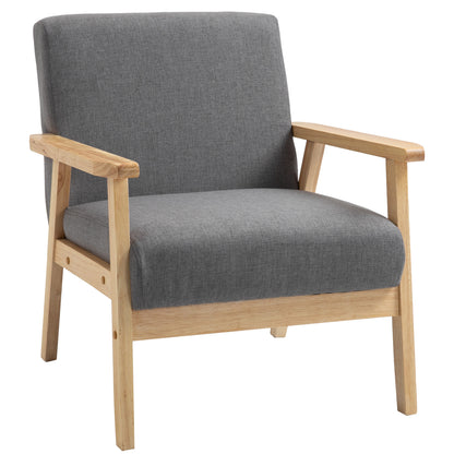 HOMCOM Minimalistic Accent Chairs Wood Frame w/ Thick Linen Cushions Wide Seat Armchair for Bedroom Office, Grey