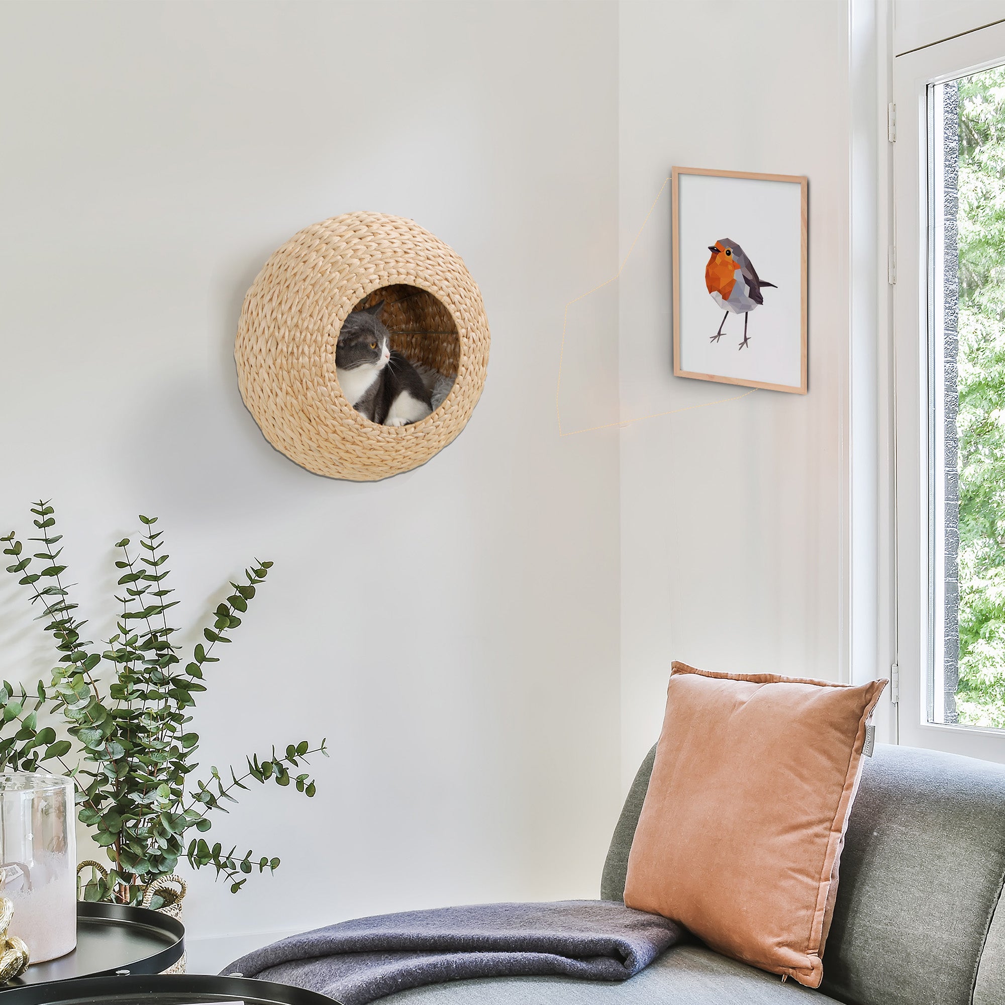 PawHut Cat Wall Furniture, Wall Mounted Cat Condo with Washable Cushion, Cat Wall Shelf for Indoor Cats Kittens, Natural Wood
