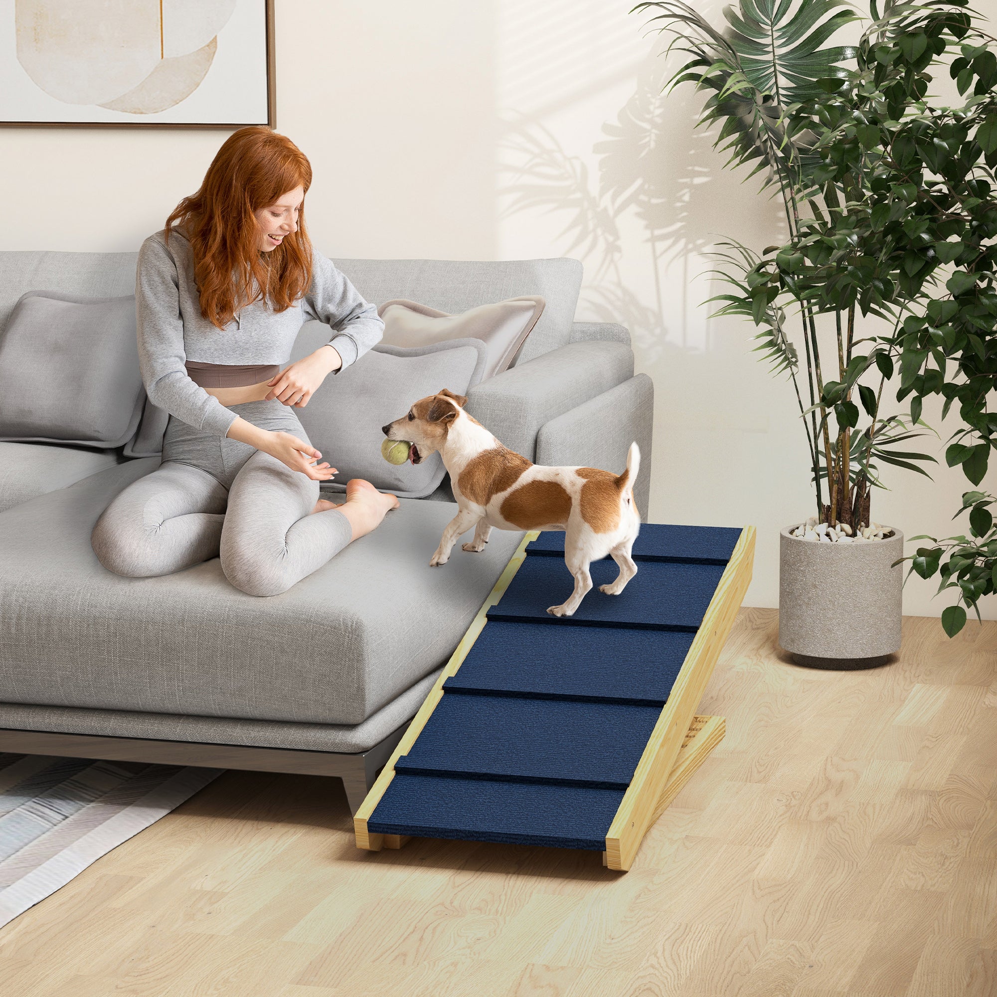 PawHut Dog Stairs, Adjustable Pet Stairs, Foldable Dog Steps with Non-slip Mat, for Small to Large Dogs for High Bed Sofa Couch, Natural Wood Finish