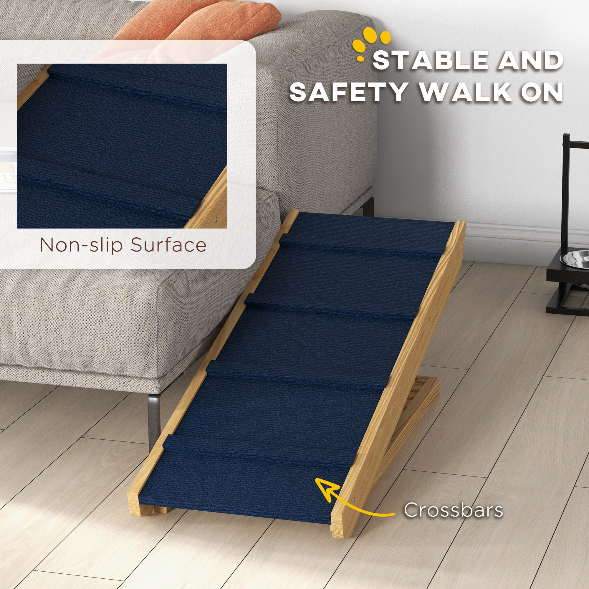 PawHut Dog Stairs, Adjustable Pet Stairs, Foldable Dog Steps with Non-slip Mat, for Small to Large Dogs for High Bed Sofa Couch, Natural Wood Finish
