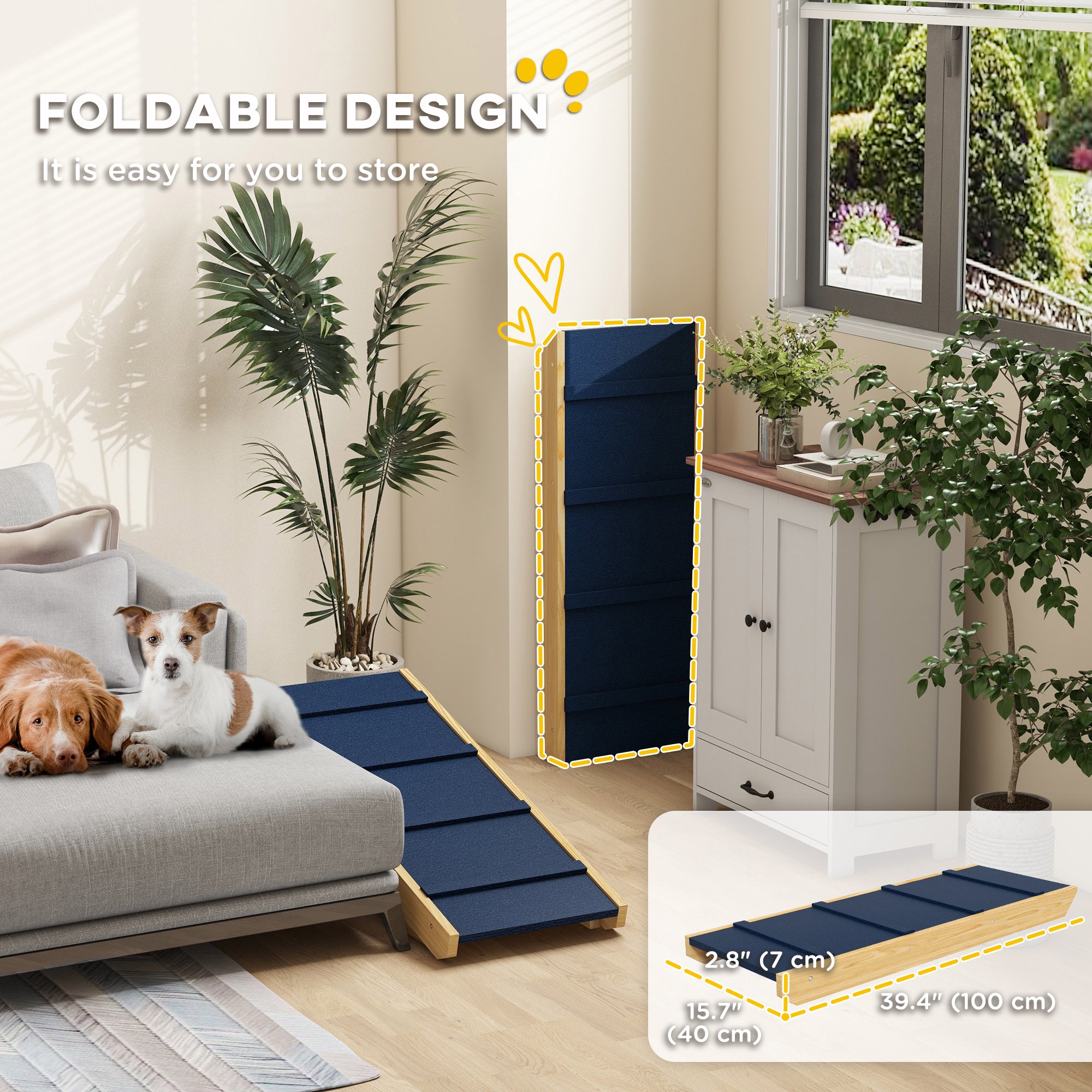 PawHut Dog Stairs, Adjustable Pet Stairs, Foldable Dog Steps with Non-slip Mat, for Small to Large Dogs for High Bed Sofa Couch, Natural Wood Finish