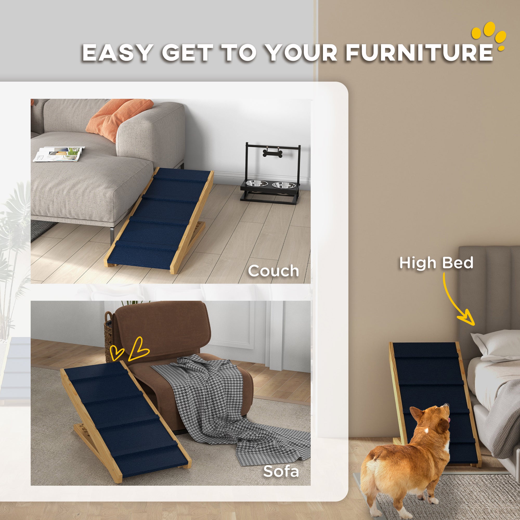 PawHut Dog Stairs, Adjustable Pet Stairs, Foldable Dog Steps with Non-slip Mat, for Small to Large Dogs for High Bed Sofa Couch, Natural Wood Finish
