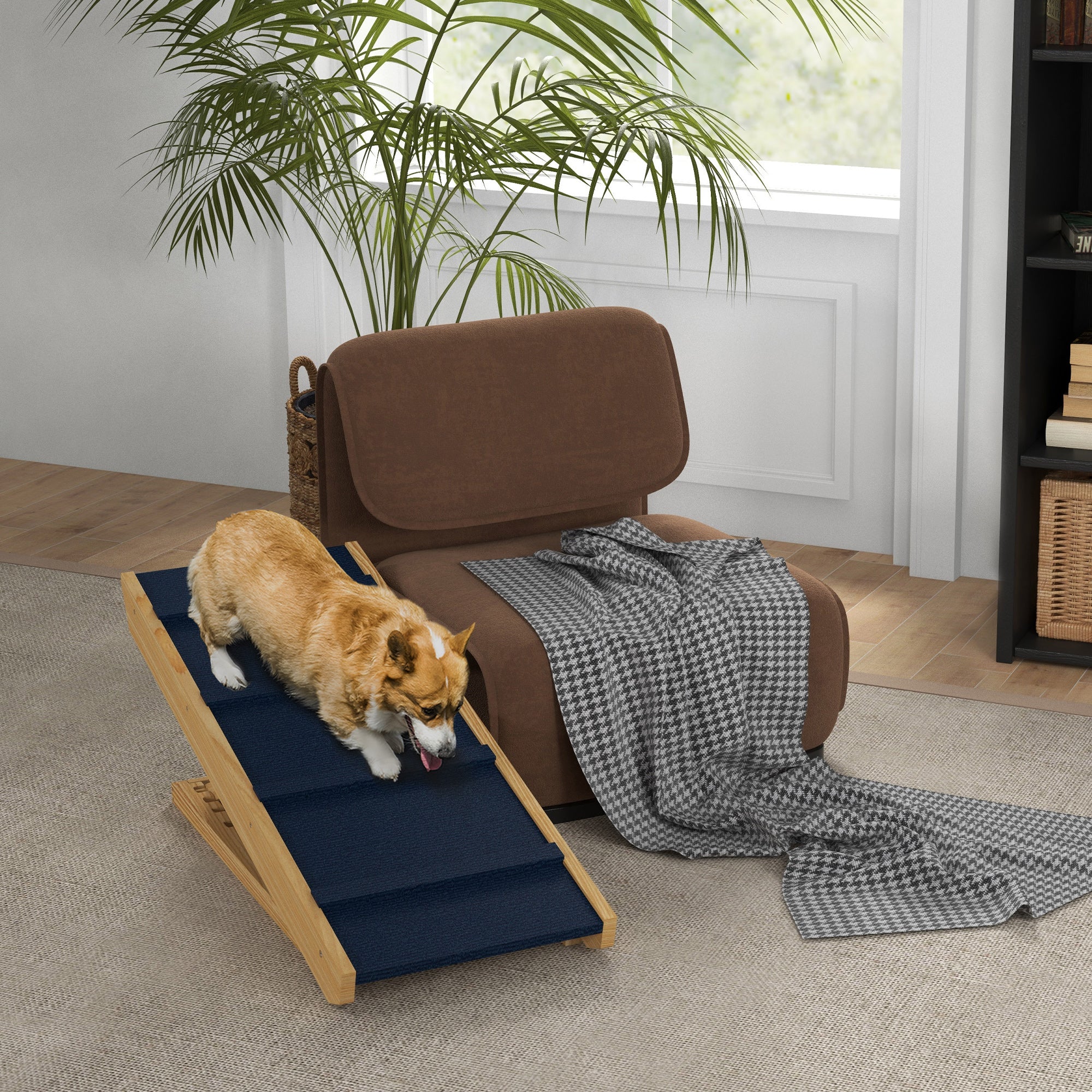 PawHut Dog Stairs, Adjustable Pet Stairs, Foldable Dog Steps with Non-slip Mat, for Small to Large Dogs for High Bed Sofa Couch, Natural Wood Finish