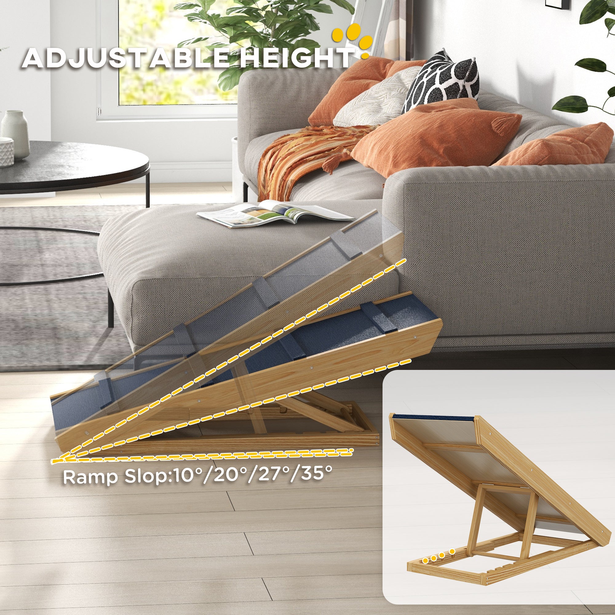 PawHut Dog Stairs, Adjustable Pet Stairs, Foldable Dog Steps with Non-slip Mat, for Small to Large Dogs for High Bed Sofa Couch, Natural Wood Finish