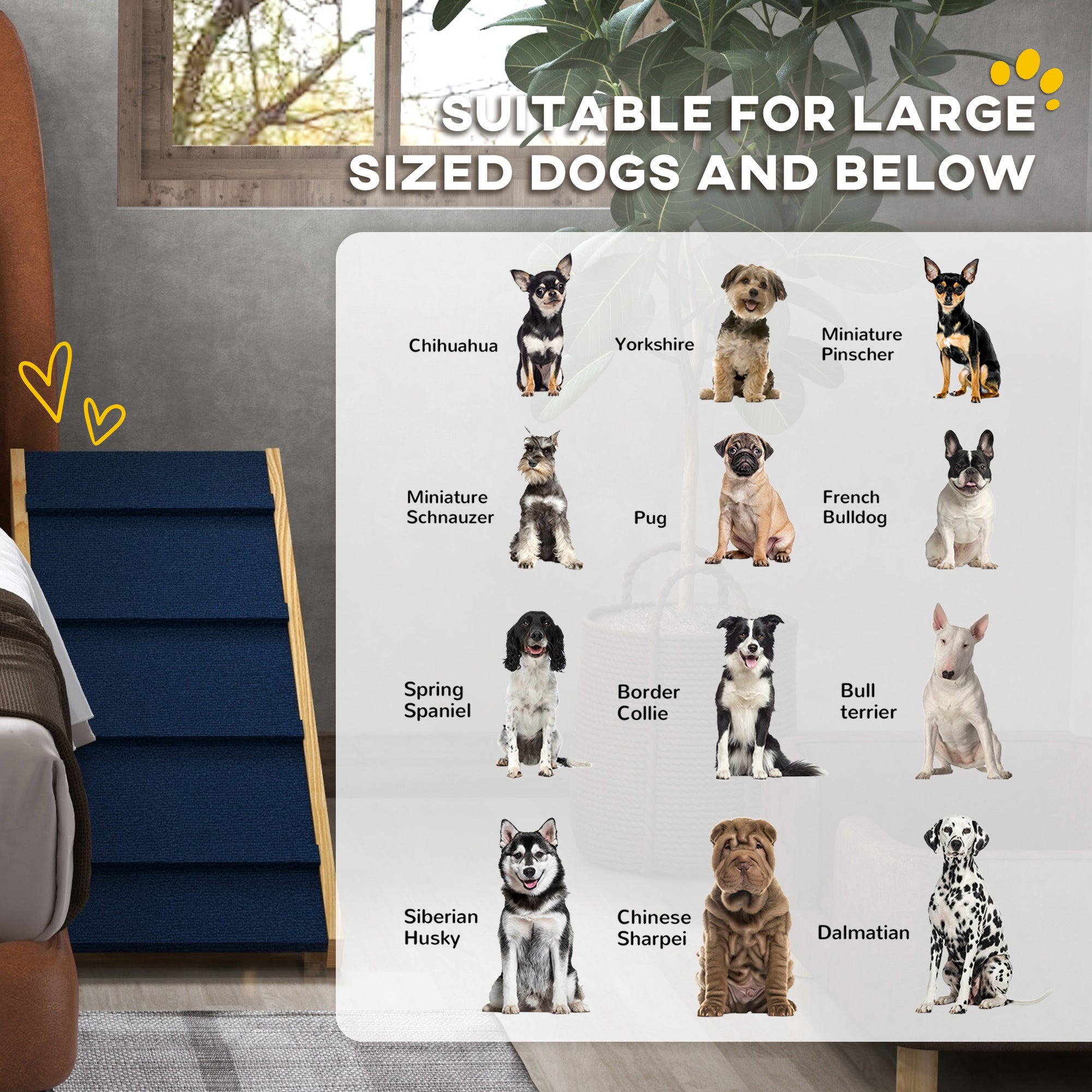 PawHut Dog Stairs, Adjustable Pet Stairs, Foldable Dog Steps with Non-slip Mat, for Small to Large Dogs for High Bed Sofa Couch, Natural Wood Finish