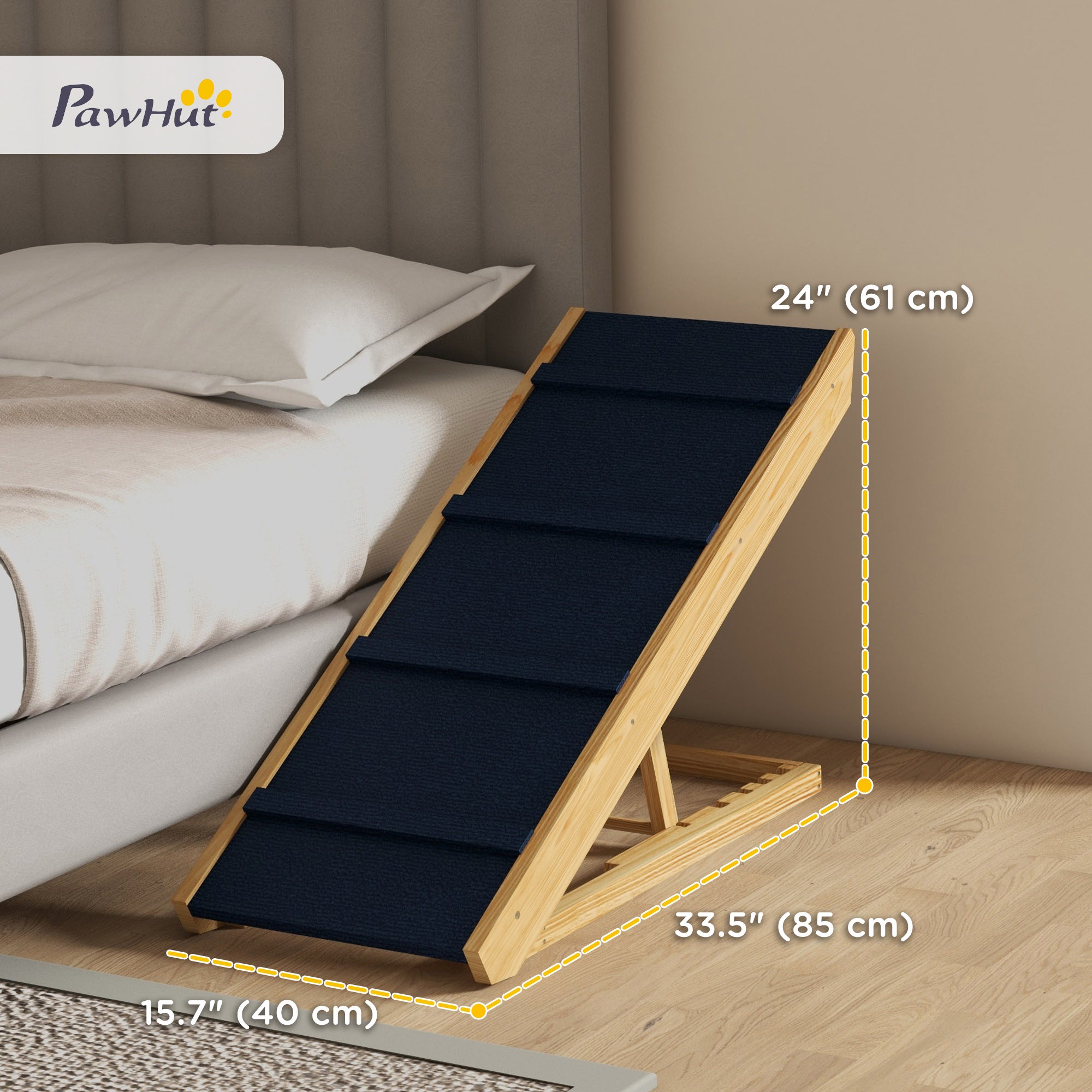 PawHut Dog Stairs, Adjustable Pet Stairs, Foldable Dog Steps with Non-slip Mat, for Small to Large Dogs for High Bed Sofa Couch, Natural Wood Finish