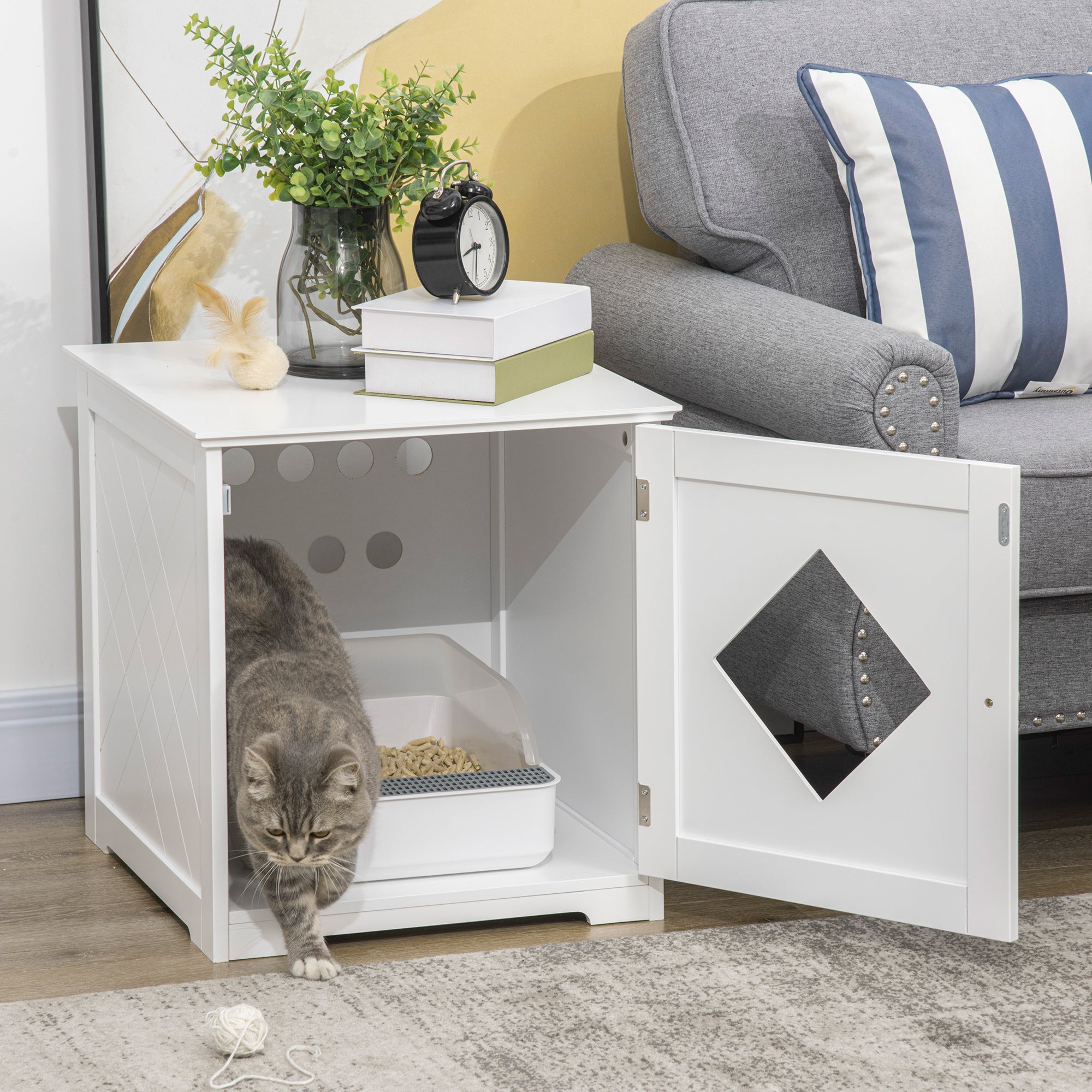PawHut Cat Litter Box Enclosure End Table, Indoor Cat Washroom with Magnetic Door, Hidden Litter Box Nightstand with Large Tabletop, Easy Assembly, White