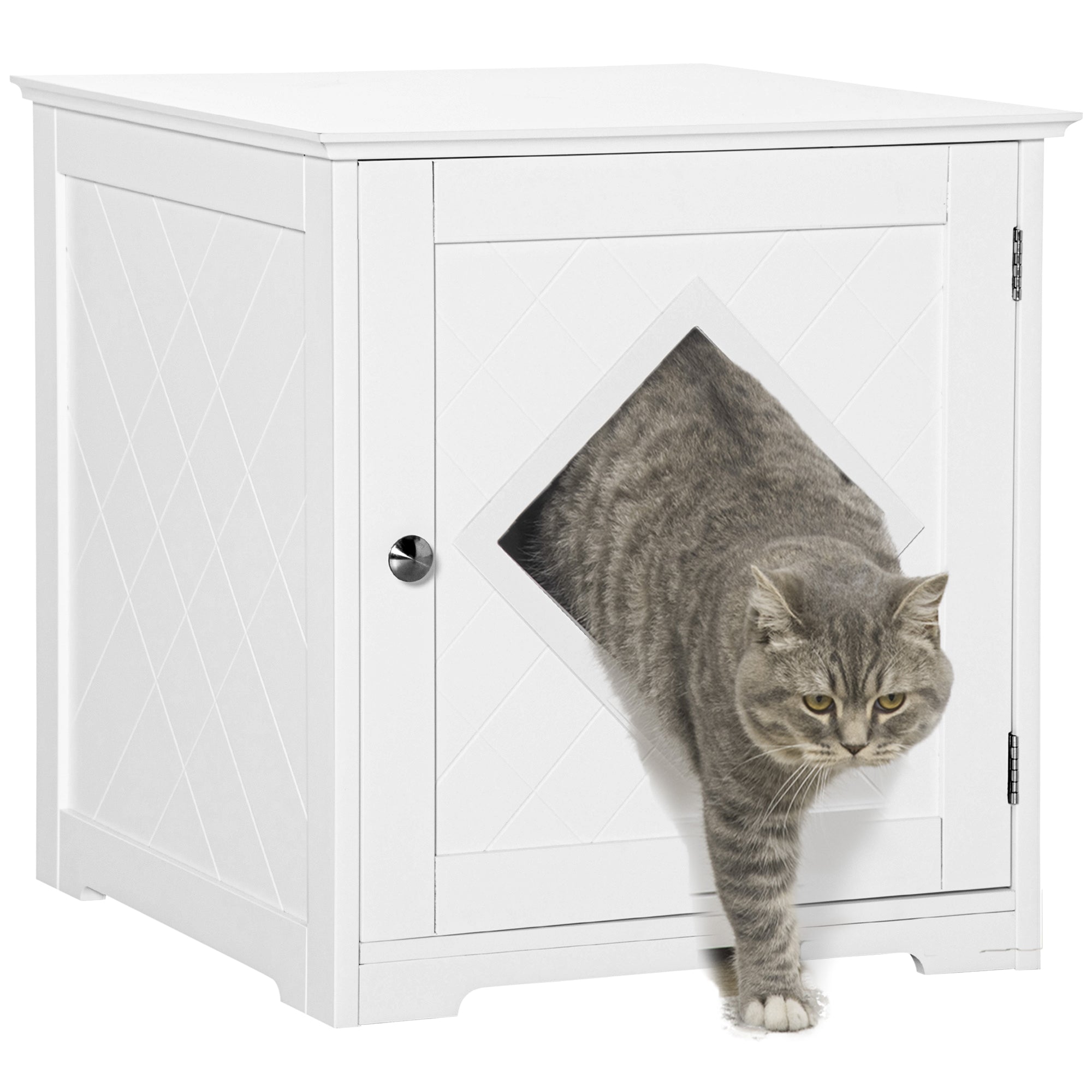 PawHut Cat Litter Box Enclosure End Table, Indoor Cat Washroom with Magnetic Door, Hidden Litter Box Nightstand with Large Tabletop, Easy Assembly, White