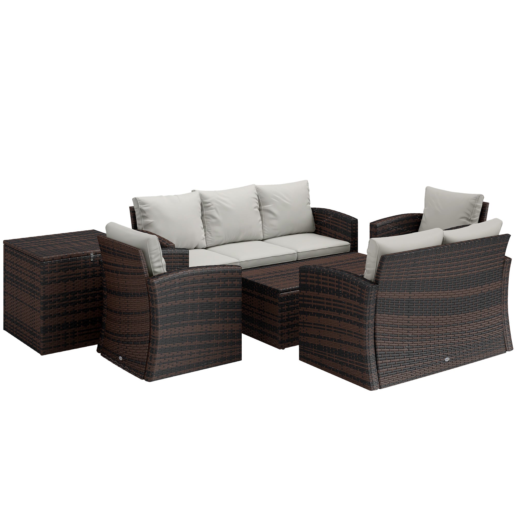 Outsunny 6 Pieces Wicker Patio Furniture Set with Cushions, 7-Seater Rattan Patio Sofa Set with Storage Coffee Table & Side Table, Sectional Outdoor Furniture Set, Cream White