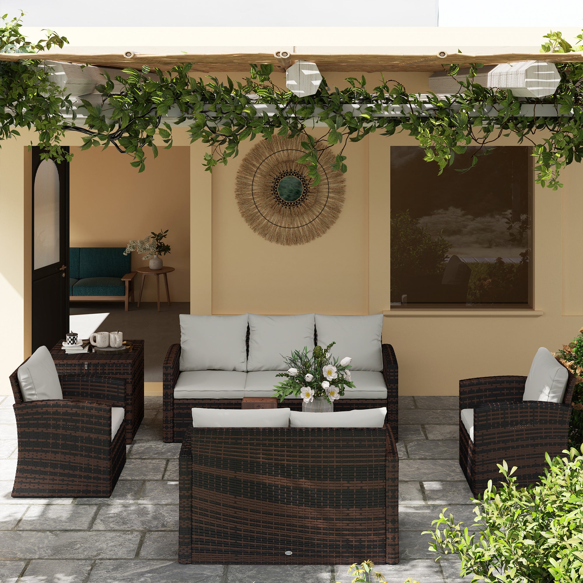 Outsunny 6 Pieces Wicker Patio Furniture Set with Cushions, 7-Seater Rattan Patio Sofa Set with Storage Coffee Table & Side Table, Sectional Outdoor Furniture Set, Cream White