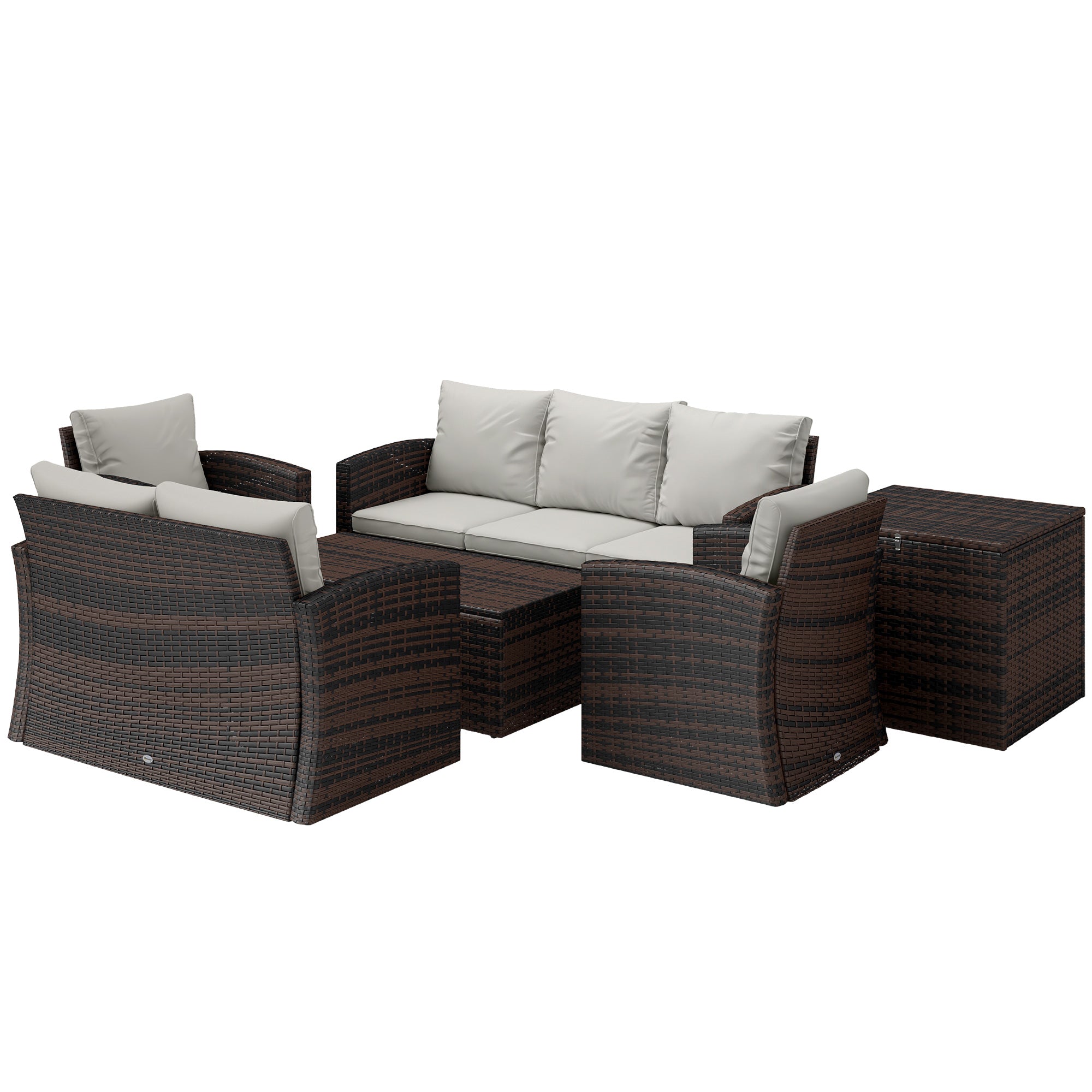 Outsunny 6 Pieces Wicker Patio Furniture Set with Cushions, 7-Seater Rattan Patio Sofa Set with Storage Coffee Table & Side Table, Sectional Outdoor Furniture Set, Cream White