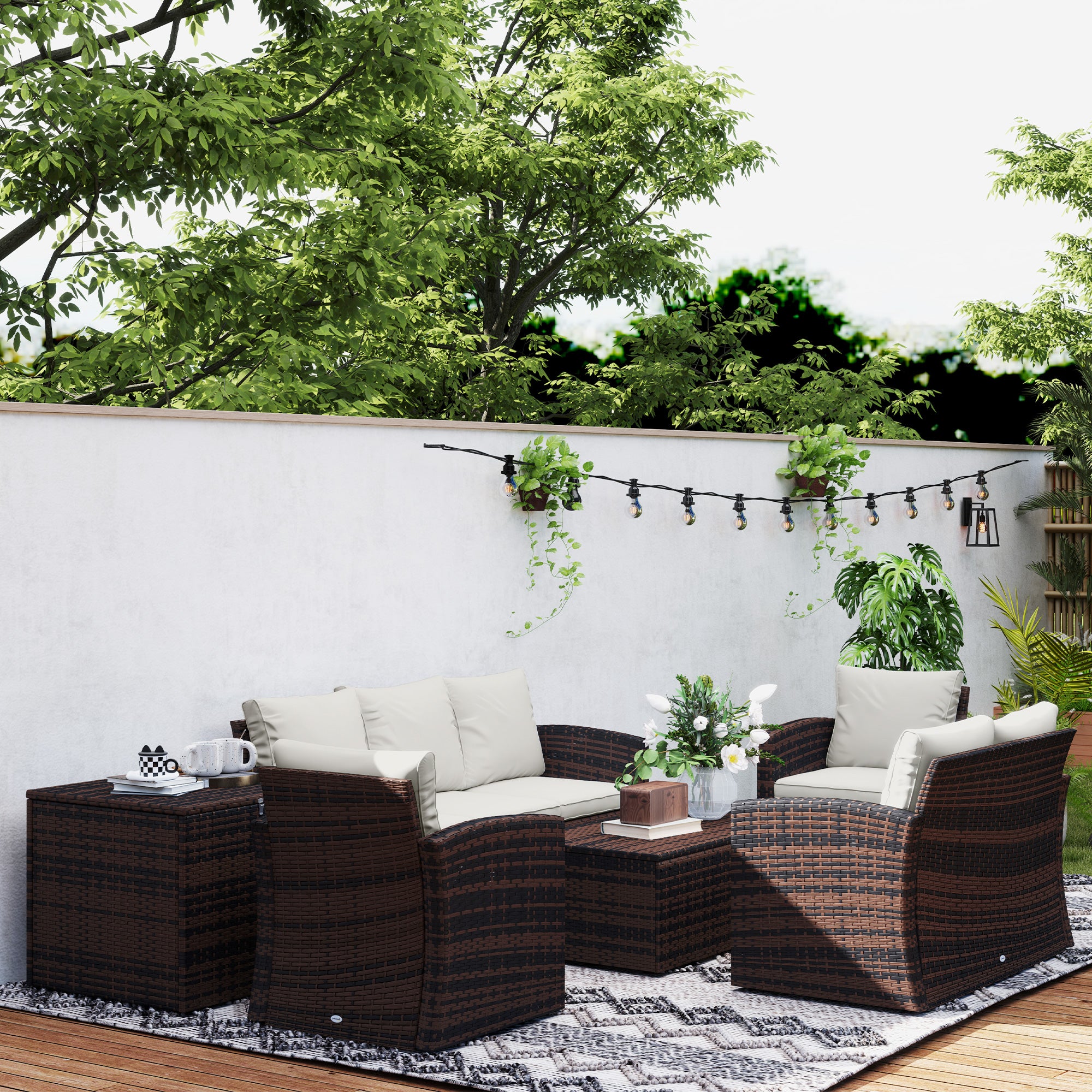 Outsunny 6 Pieces Wicker Patio Furniture Set with Cushions, 7-Seater Rattan Patio Sofa Set with Storage Coffee Table & Side Table, Sectional Outdoor Furniture Set, Cream White
