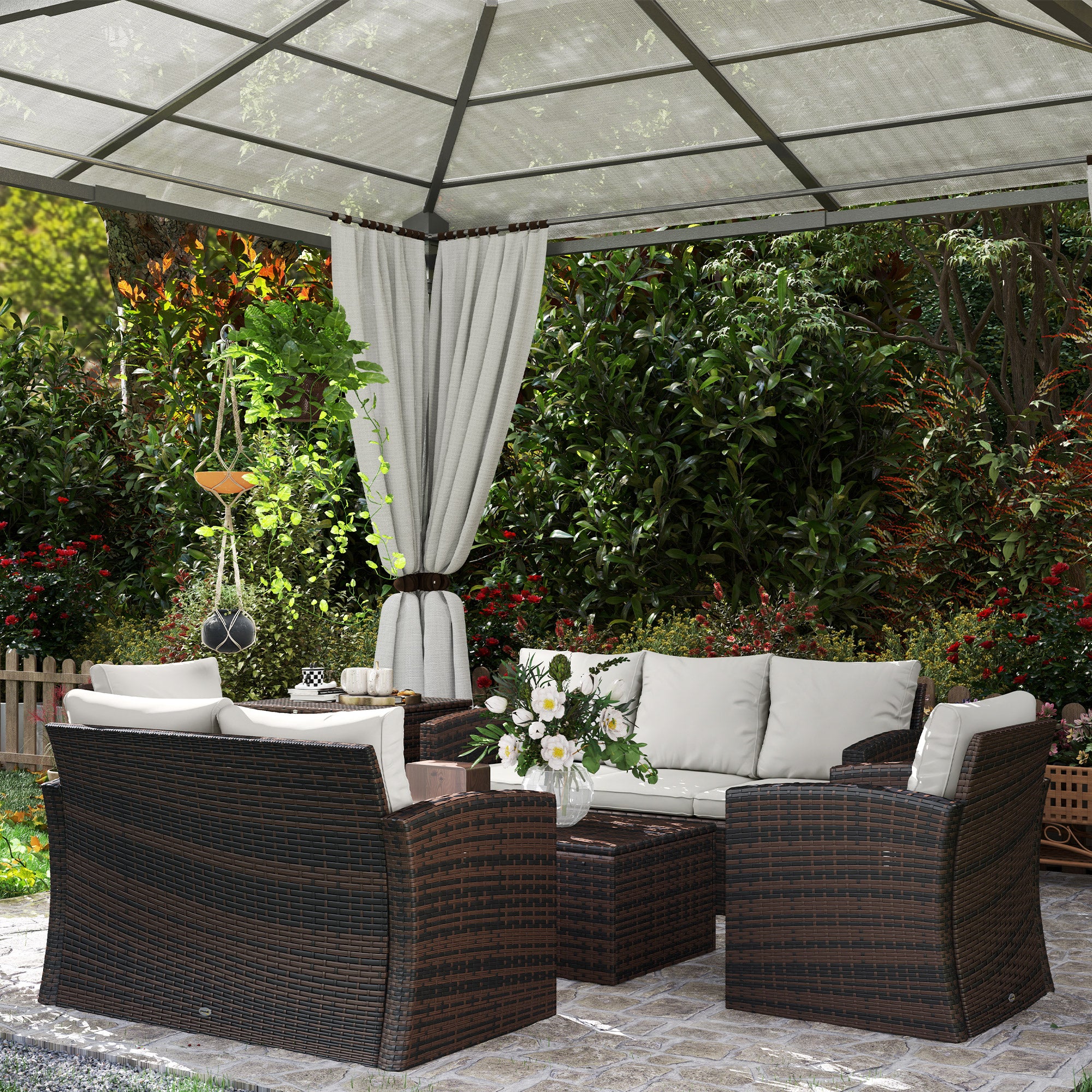 Outsunny 6 Pieces Wicker Patio Furniture Set with Cushions, 7-Seater Rattan Patio Sofa Set with Storage Coffee Table & Side Table, Sectional Outdoor Furniture Set, Cream White