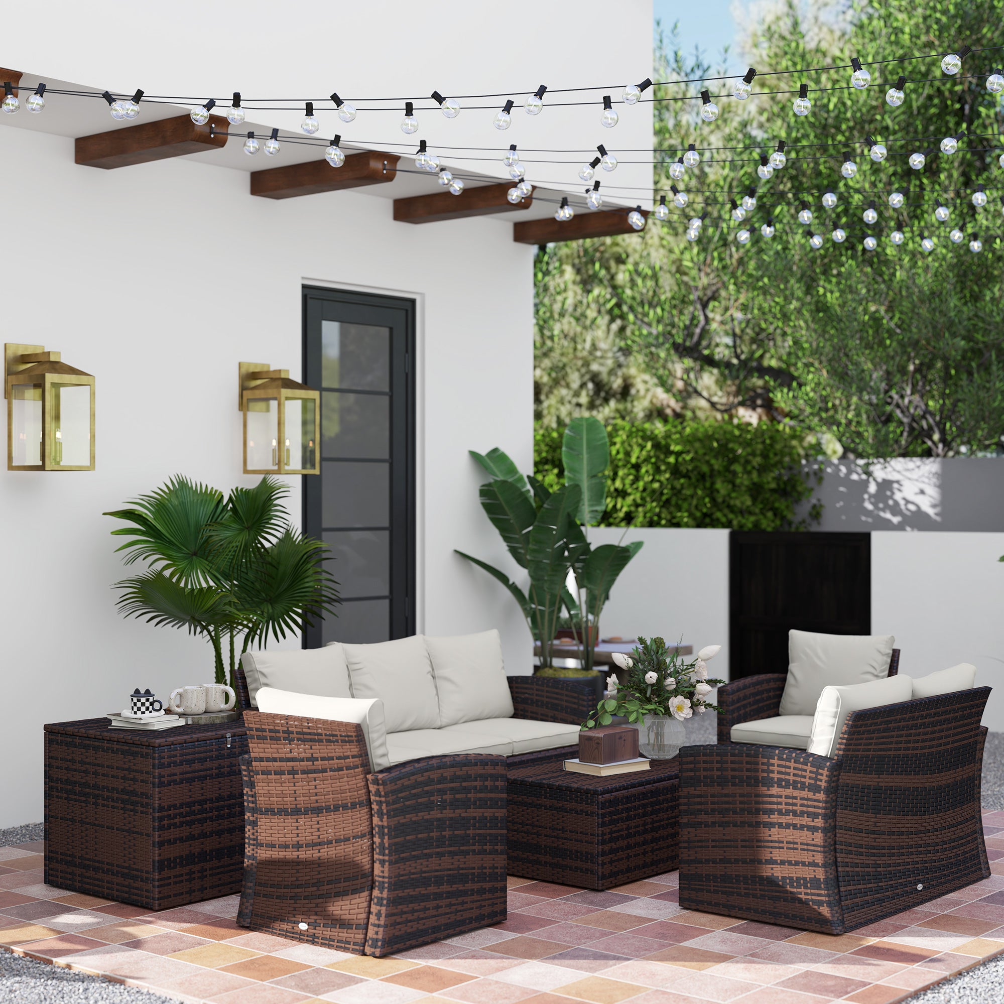 Outsunny 6 Pieces Wicker Patio Furniture Set with Cushions, 7-Seater Rattan Patio Sofa Set with Storage Coffee Table & Side Table, Sectional Outdoor Furniture Set, Cream White