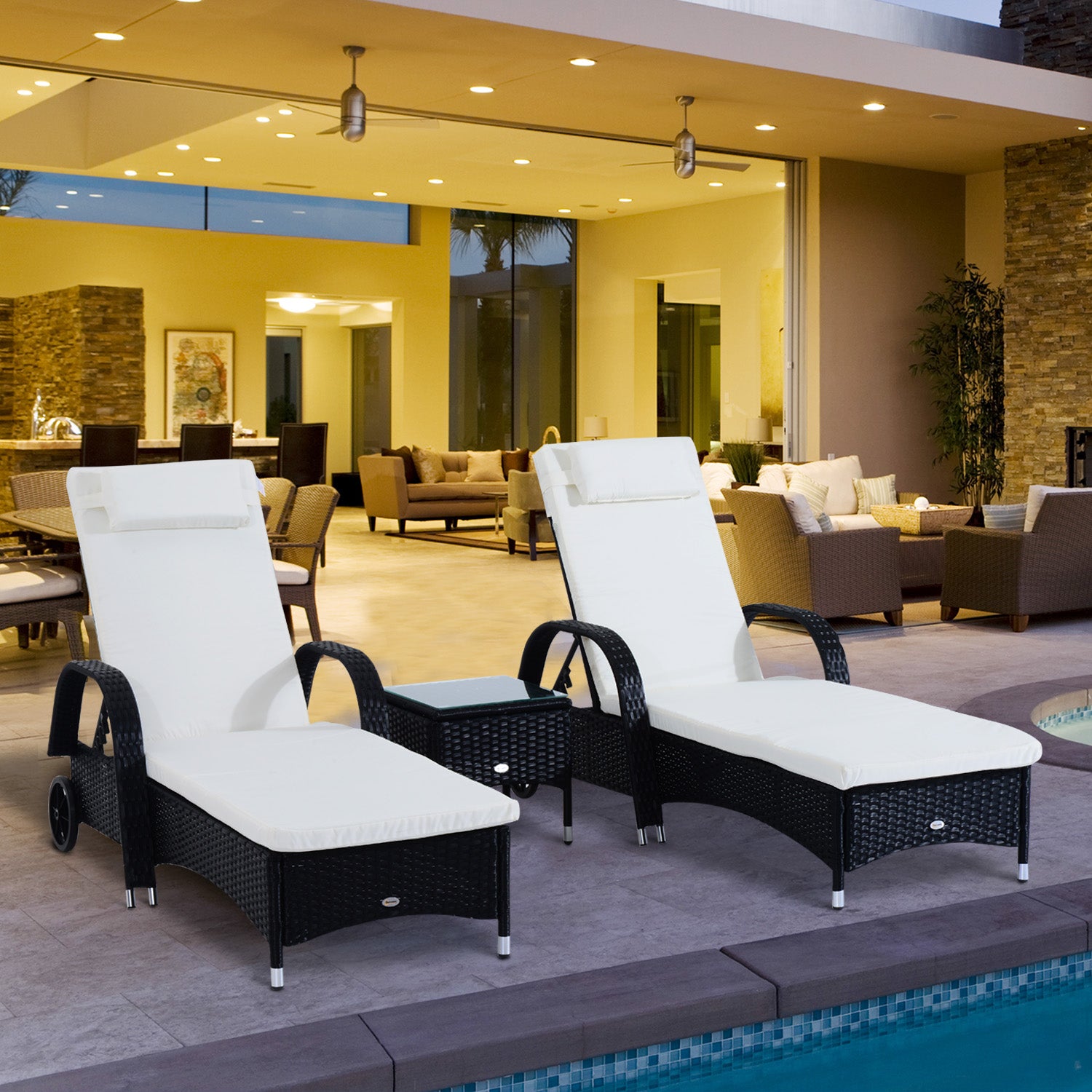 Outsunny 3 Pieces Wicker Patio Lounger Set with Table, PE Rattan Outdoor Lounge Chair Set with Cushions, Wheels, 5-Level Reclining Backrest, Headrest, Black/Cream