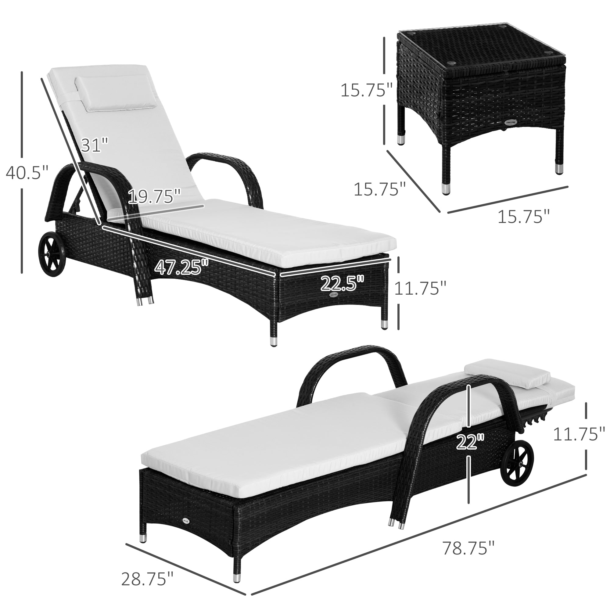 Outsunny 3 Pieces Wicker Patio Lounger Set with Table, PE Rattan Outdoor Lounge Chair Set with Cushions, Wheels, 5-Level Reclining Backrest, Headrest, Black/Cream