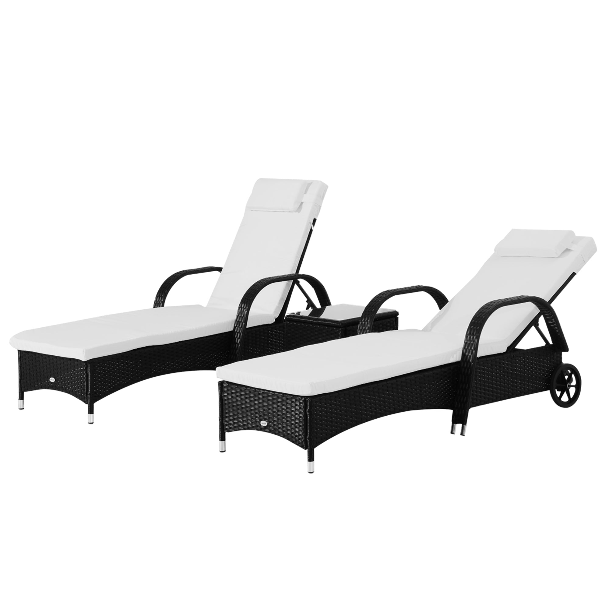 Outsunny 3 Pieces Wicker Patio Lounger Set with Table, PE Rattan Outdoor Lounge Chair Set with Cushions, Wheels, 5-Level Reclining Backrest, Headrest, Black/Cream