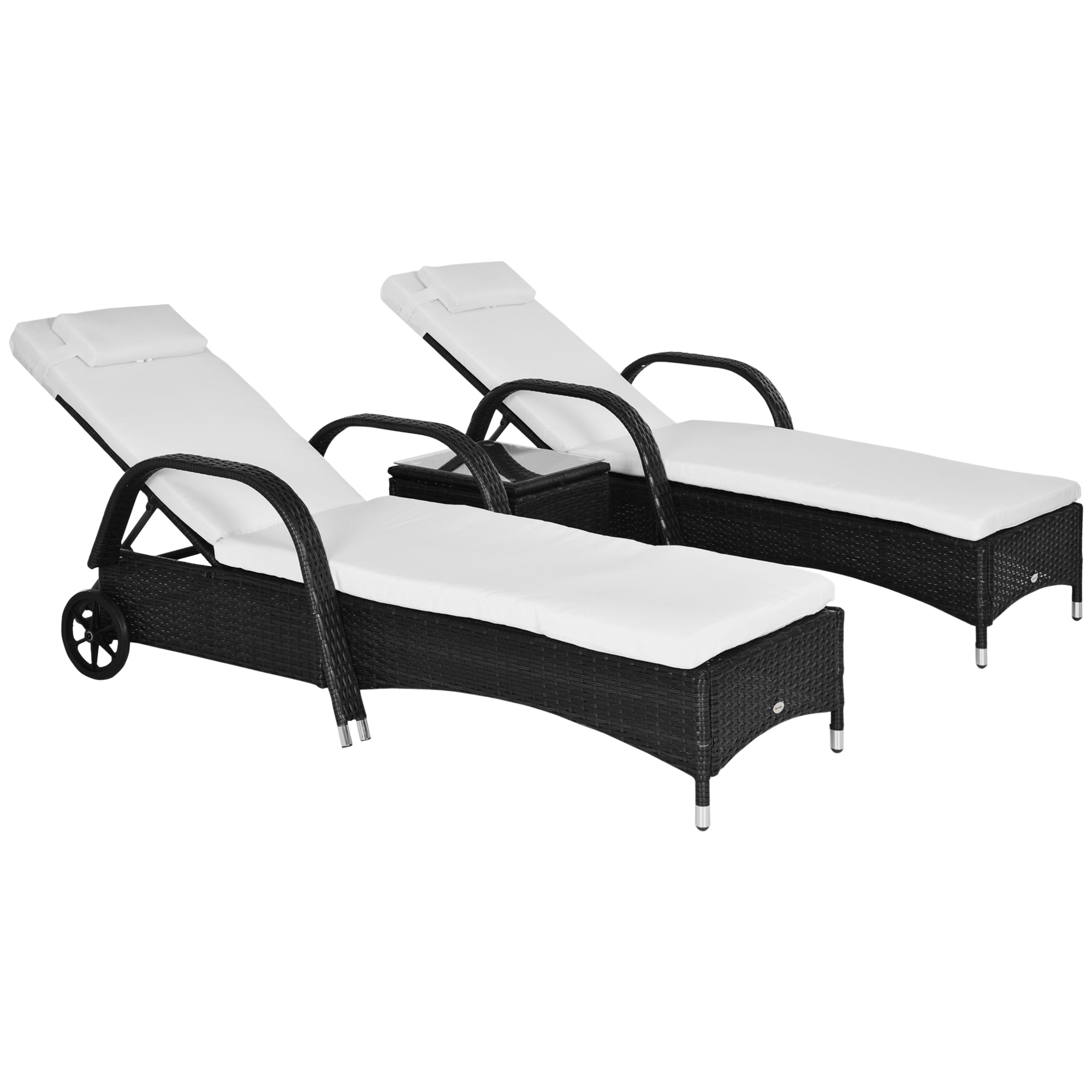 Outsunny 3 Pieces Wicker Patio Lounger Set with Table, PE Rattan Outdoor Lounge Chair Set with Cushions, Wheels, 5-Level Reclining Backrest, Headrest, Black/Cream