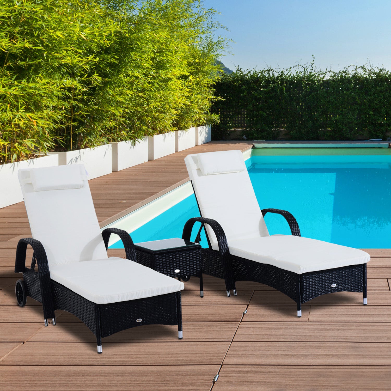 Outsunny 3 Pieces Wicker Patio Lounger Set with Table, PE Rattan Outdoor Lounge Chair Set with Cushions, Wheels, 5-Level Reclining Backrest, Headrest, Black/Cream