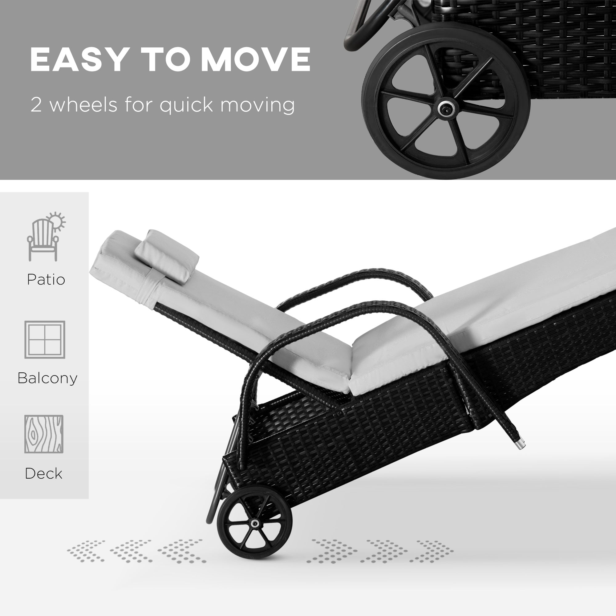 Outsunny 3 Pieces Wicker Patio Lounger Set with Table, PE Rattan Outdoor Lounge Chair Set with Cushions, Wheels, 5-Level Reclining Backrest, Headrest, Black/Cream