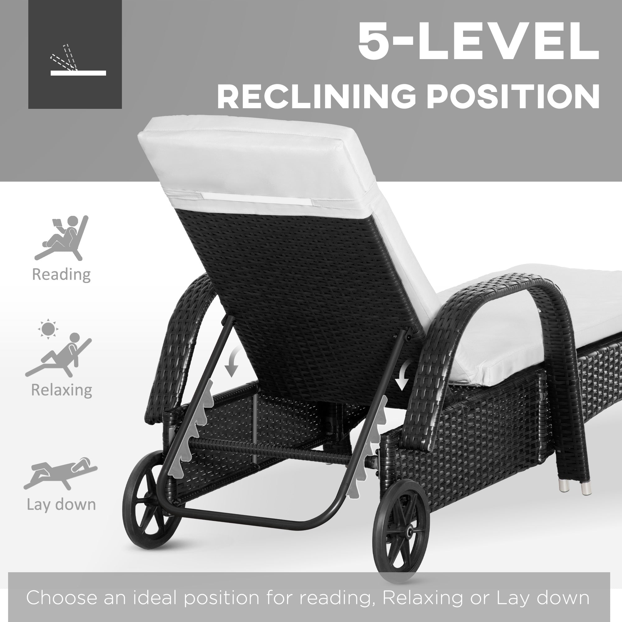 Outsunny 3 Pieces Wicker Patio Lounger Set with Table, PE Rattan Outdoor Lounge Chair Set with Cushions, Wheels, 5-Level Reclining Backrest, Headrest, Black/Cream