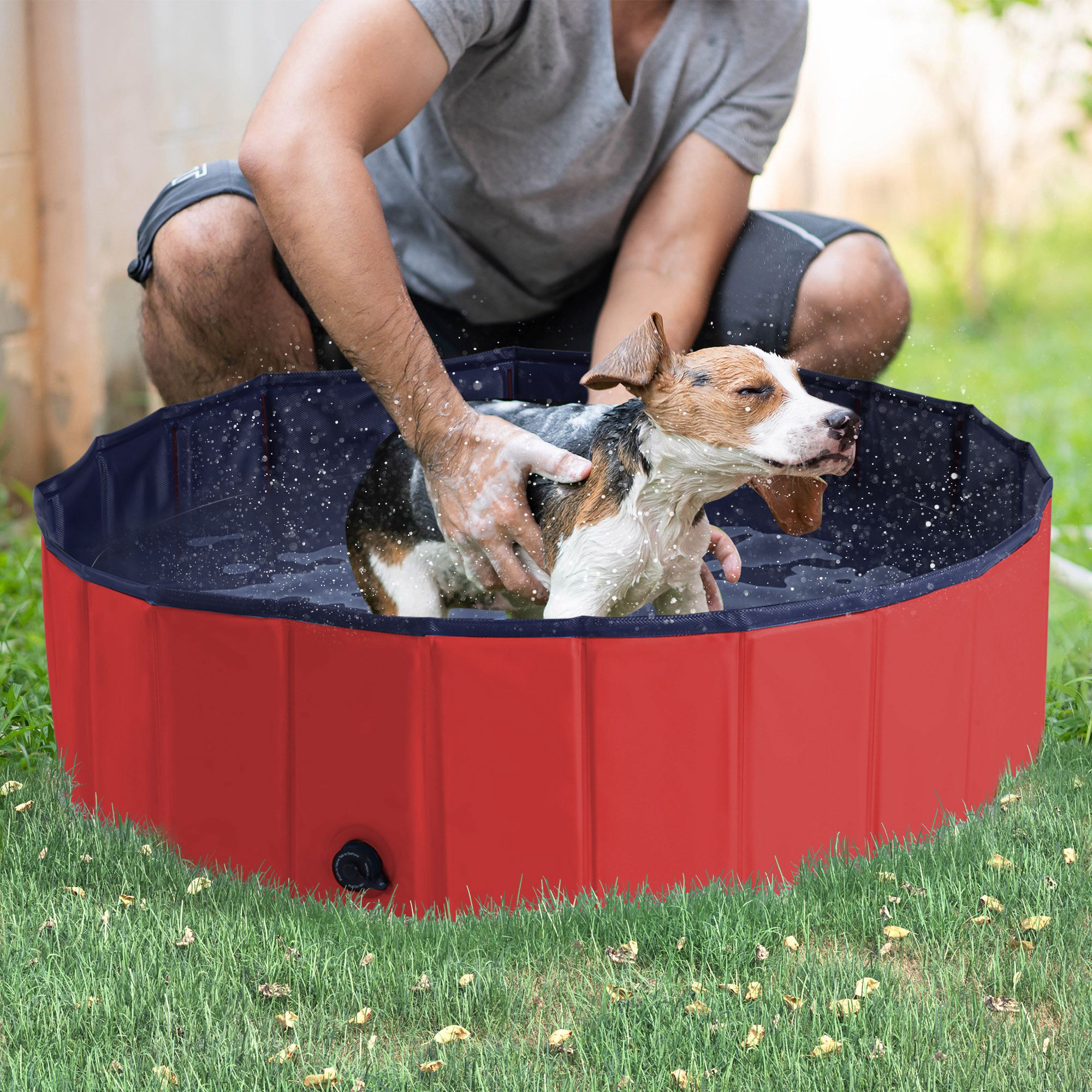 PawHut Folding PVC Dog Bath Pool Portable Pet Kiddie Swimming Pool, Outdoor/Indoor Puppy Bath Tub with Nonslip Bottom for Dogs & Cats, (39.4", Red)