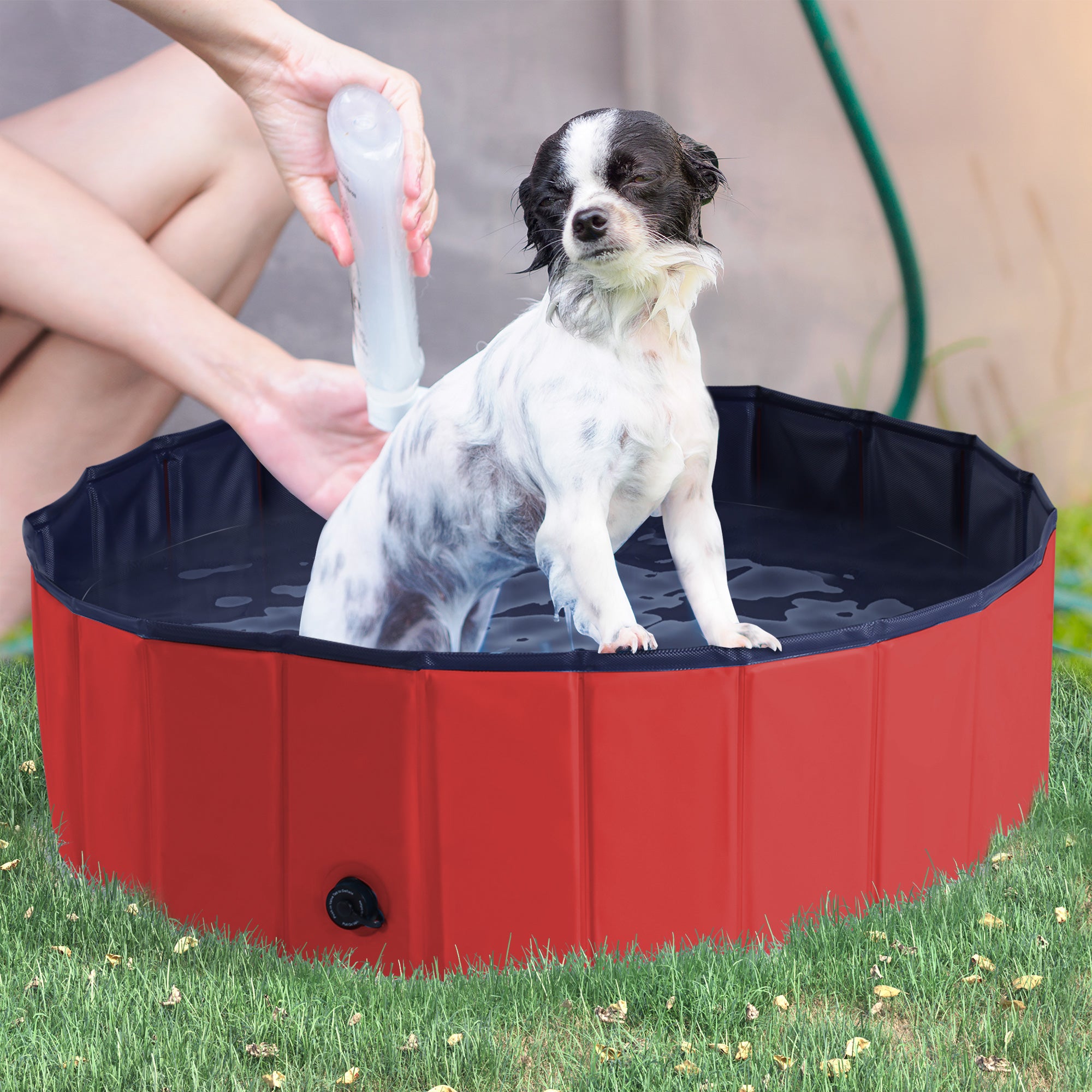PawHut Folding PVC Dog Bath Pool Portable Pet Kiddie Swimming Pool, Outdoor/Indoor Puppy Bath Tub with Nonslip Bottom for Dogs & Cats, (39.4", Red)