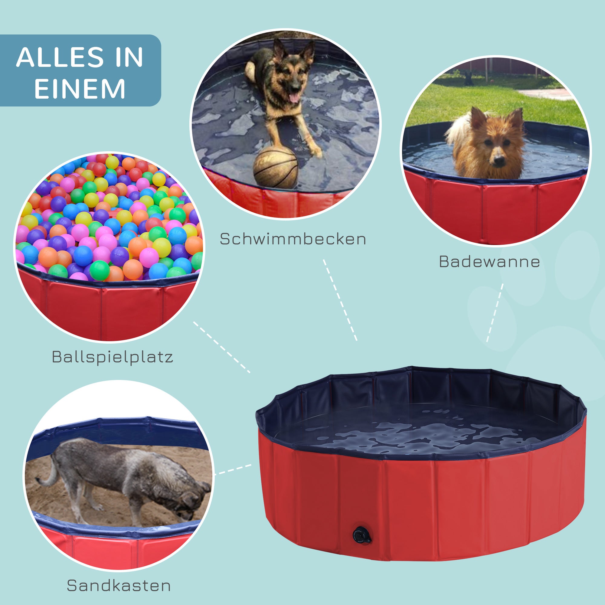 PawHut Folding PVC Dog Bath Pool Portable Pet Kiddie Swimming Pool, Outdoor/Indoor Puppy Bath Tub with Nonslip Bottom for Dogs & Cats, (39.4", Red)