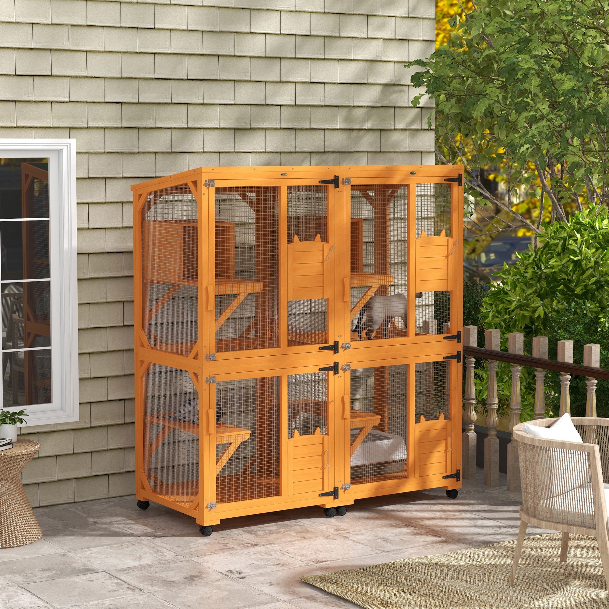 PawHut Wooden Catio with Waterproof Roof, Large Cat House with High-Up Resting Box, Indoor & Outdoor Cat Enclosure with Wheels, for 3-6 Cats, Orange