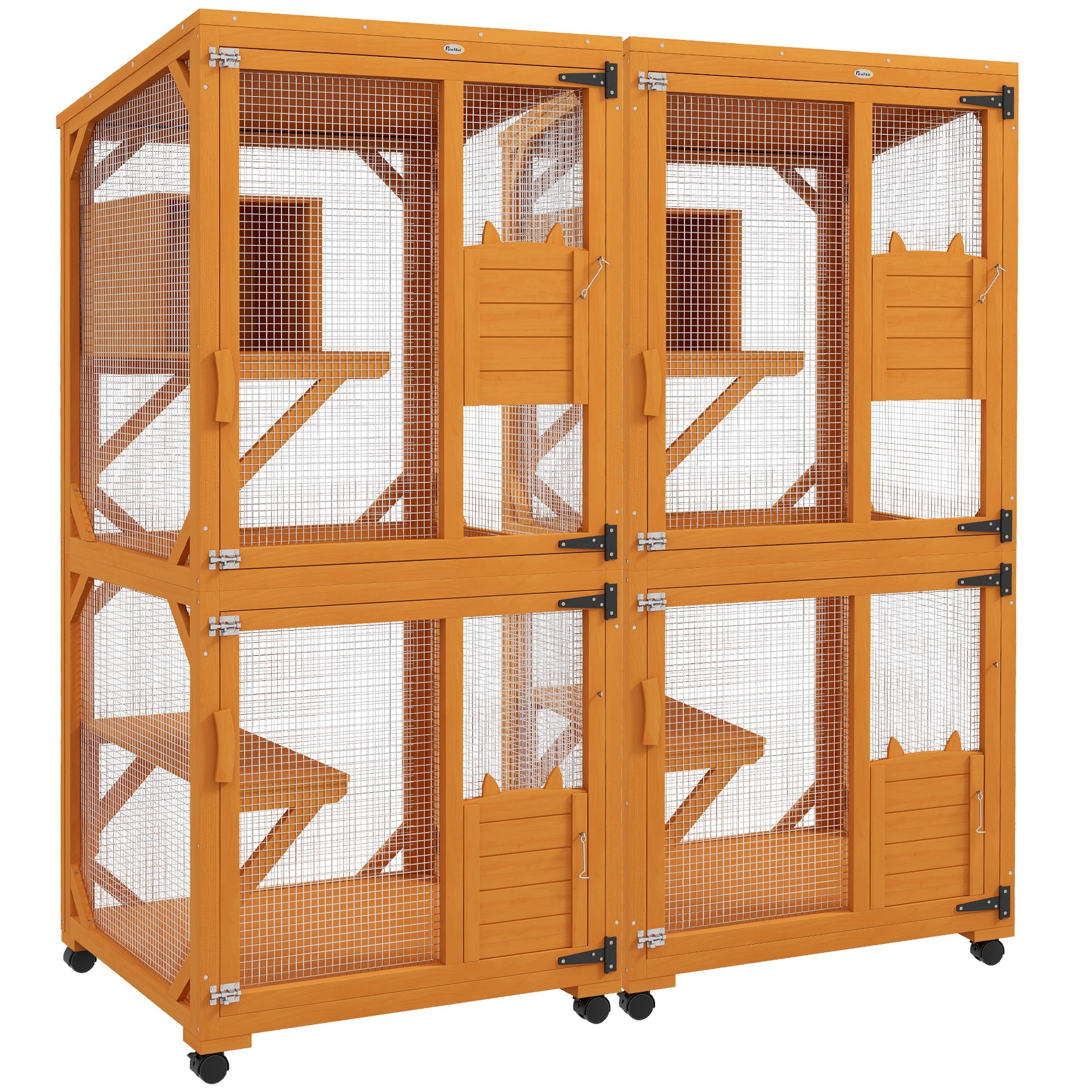 PawHut Wooden Catio with Waterproof Roof, Large Cat House with High-Up Resting Box, Indoor & Outdoor Cat Enclosure with Wheels, for 3-6 Cats, Orange