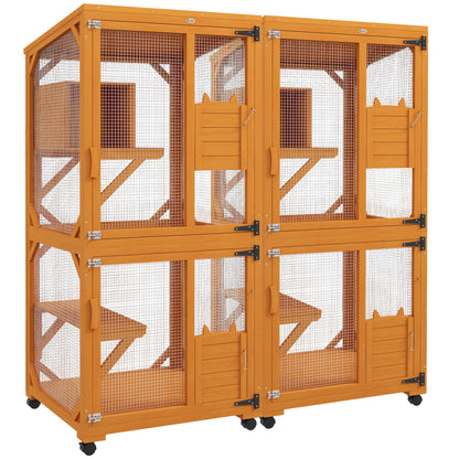 PawHut Wooden Catio with Waterproof Roof, Large Cat House with High-Up Resting Box, Indoor & Outdoor Cat Enclosure with Wheels, for 3-6 Cats, Orange
