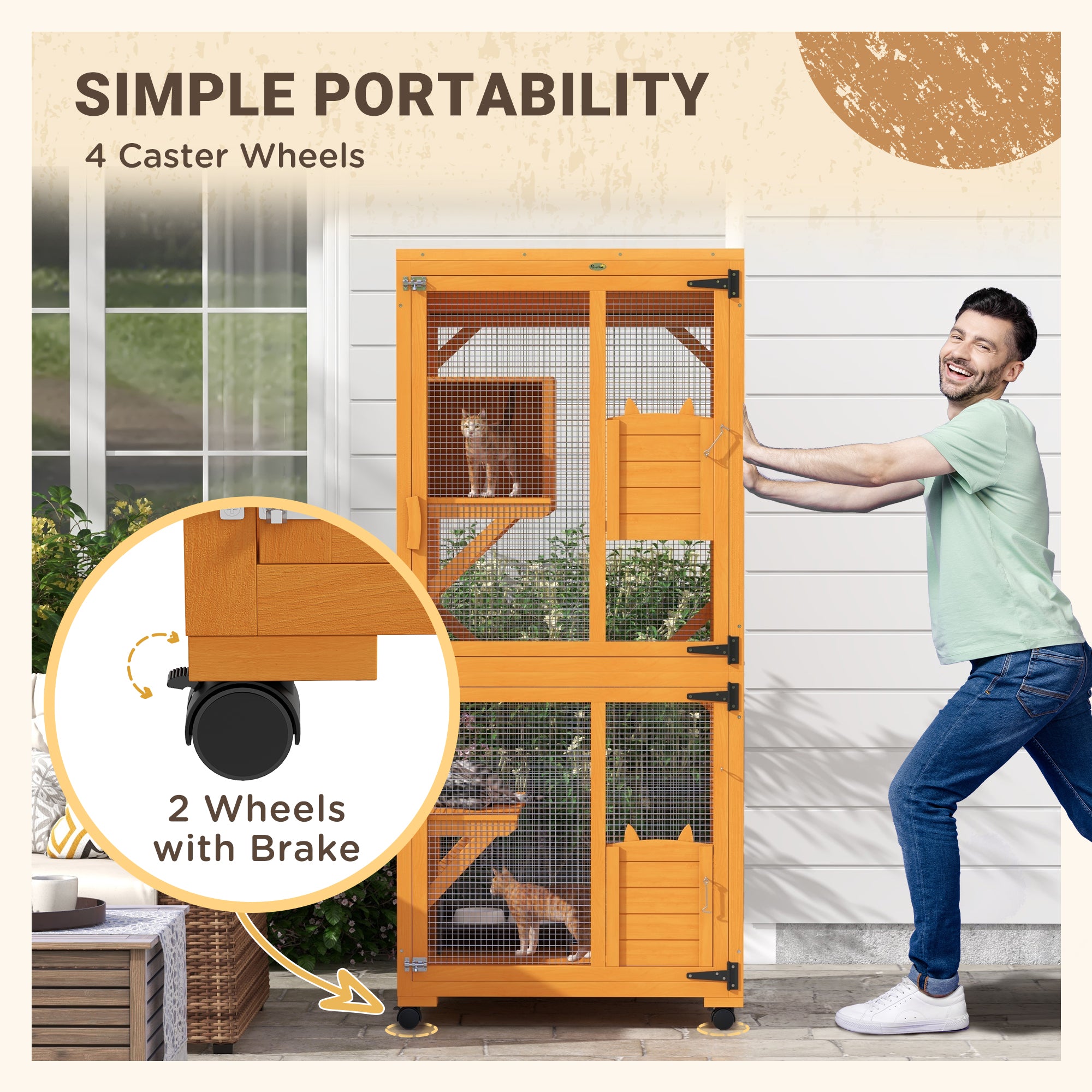 PawHut Wooden Catio with Waterproof Roof, Large Cat House with High-Up Resting Box, Indoor & Outdoor Cat Enclosure with Wheels, for 3-6 Cats, Orange
