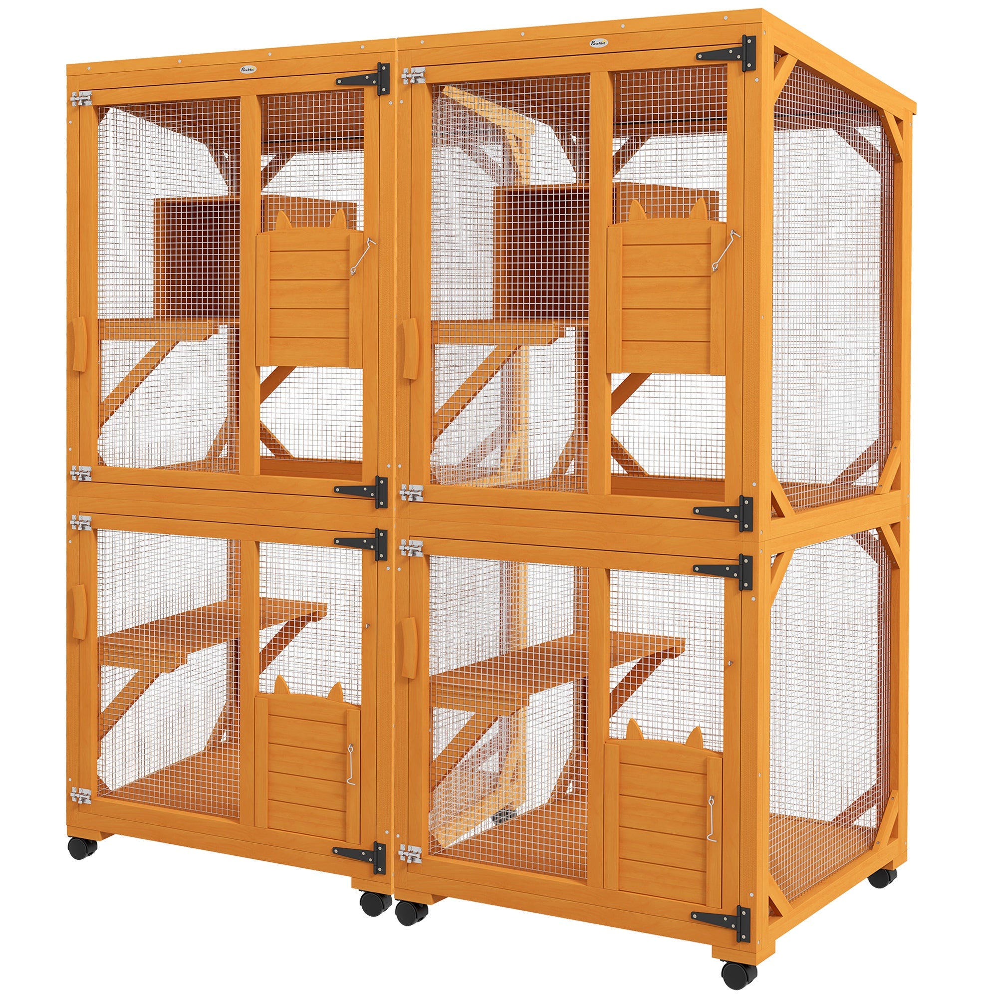 PawHut Wooden Catio with Waterproof Roof, Large Cat House with High-Up Resting Box, Indoor & Outdoor Cat Enclosure with Wheels, for 3-6 Cats, Orange