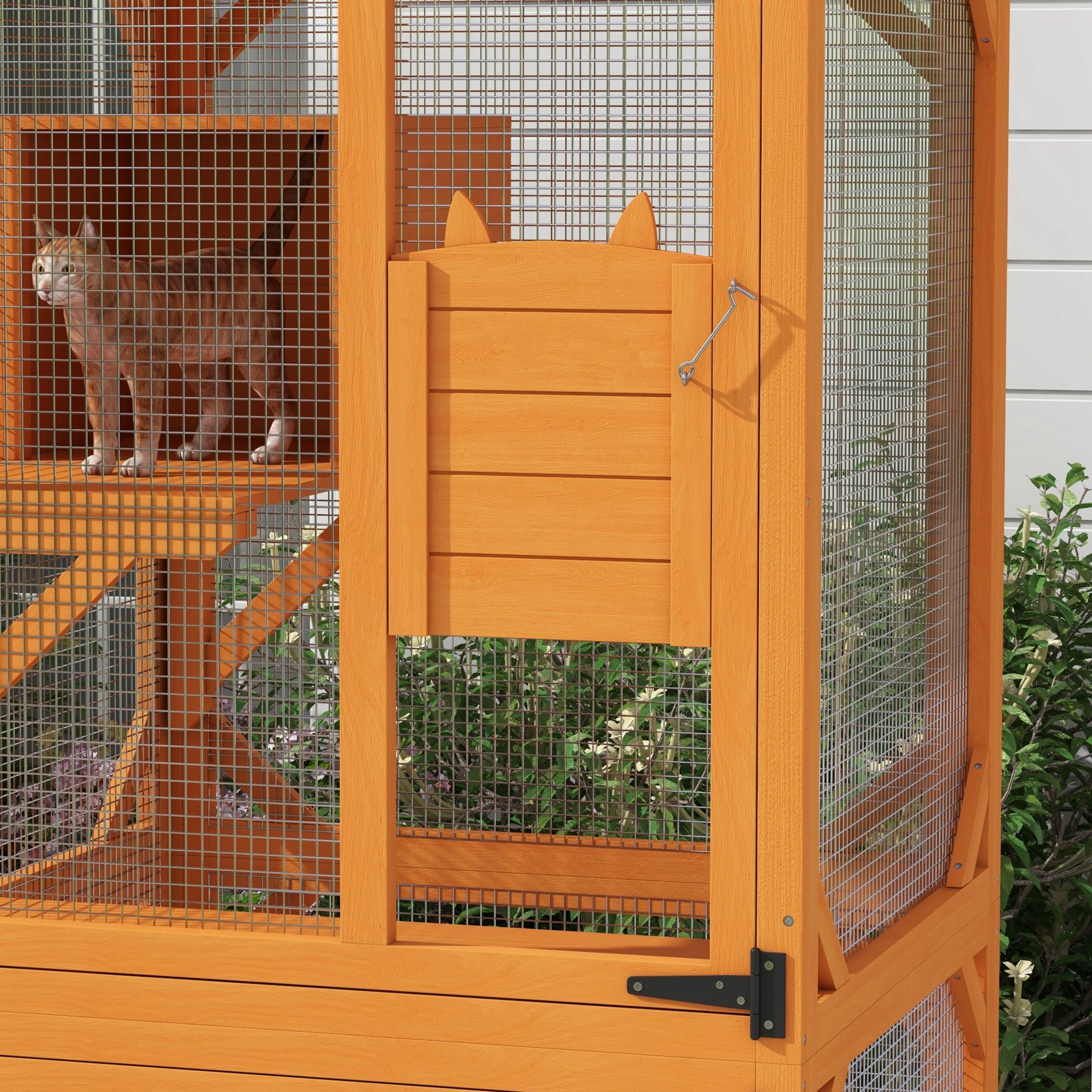 PawHut Wooden Catio with Waterproof Roof, Large Cat House with High-Up Resting Box, Indoor & Outdoor Cat Enclosure with Wheels, for 3-6 Cats, Orange
