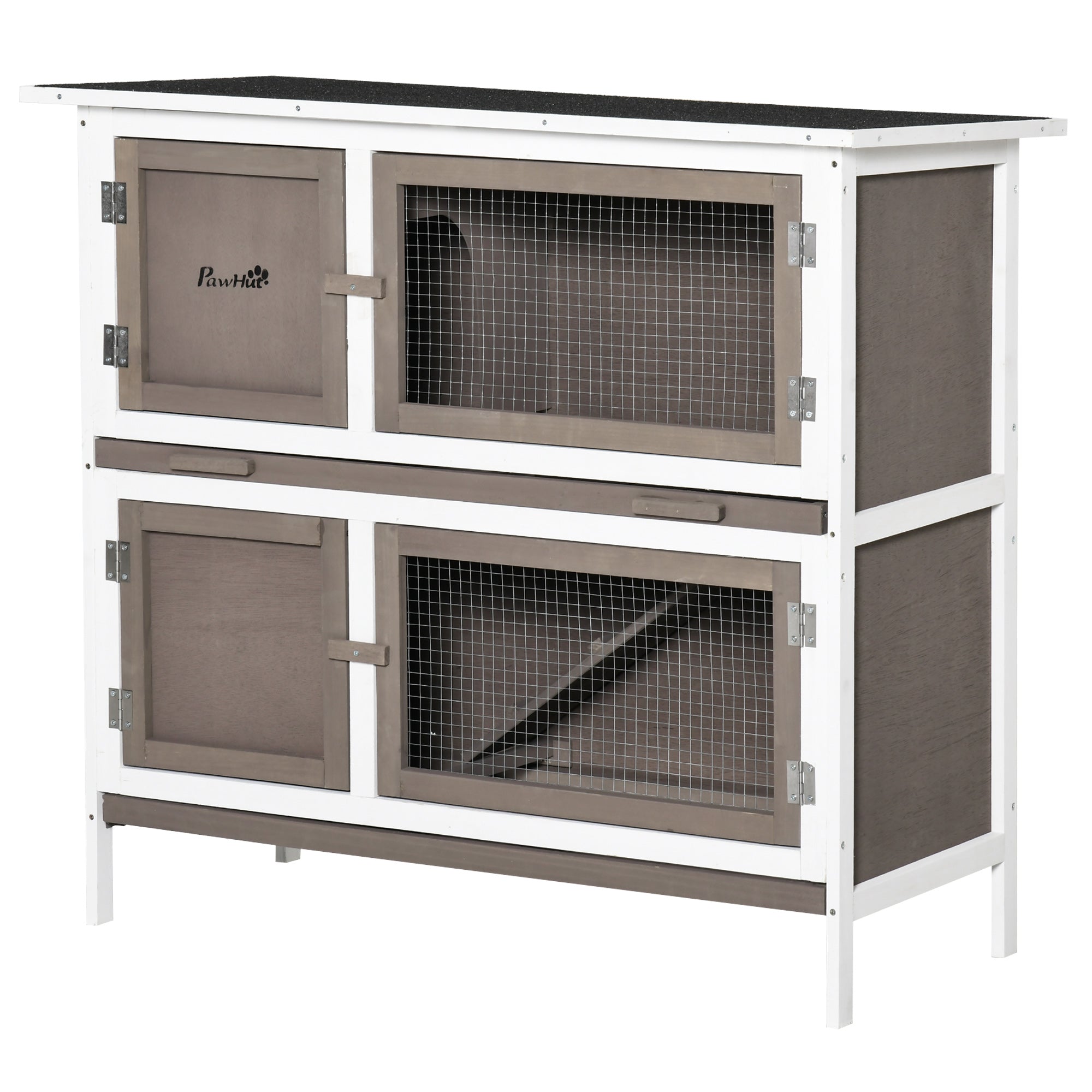 PawHut Wooden Bunny Rabbit Hutch, Small Animal Habitat with Ramp, Removable Tray & Weatherproof Roof, Indoor/Outdoor, Brown