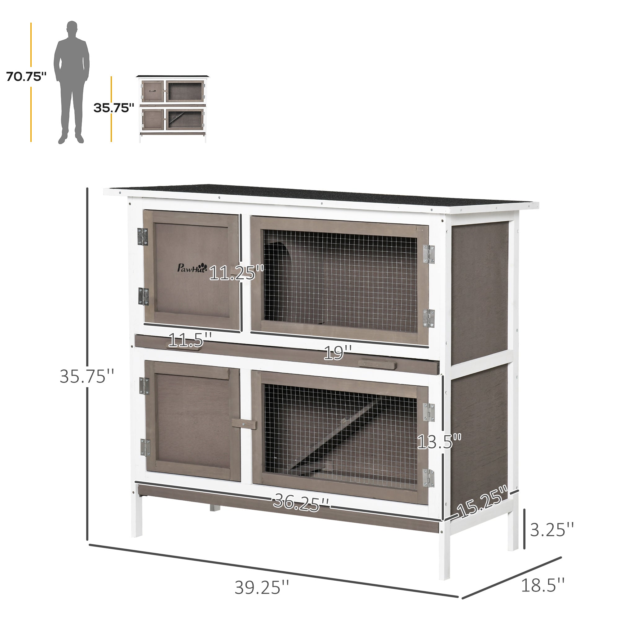 PawHut Wooden Bunny Rabbit Hutch, Small Animal Habitat with Ramp, Removable Tray & Weatherproof Roof, Indoor/Outdoor, Brown