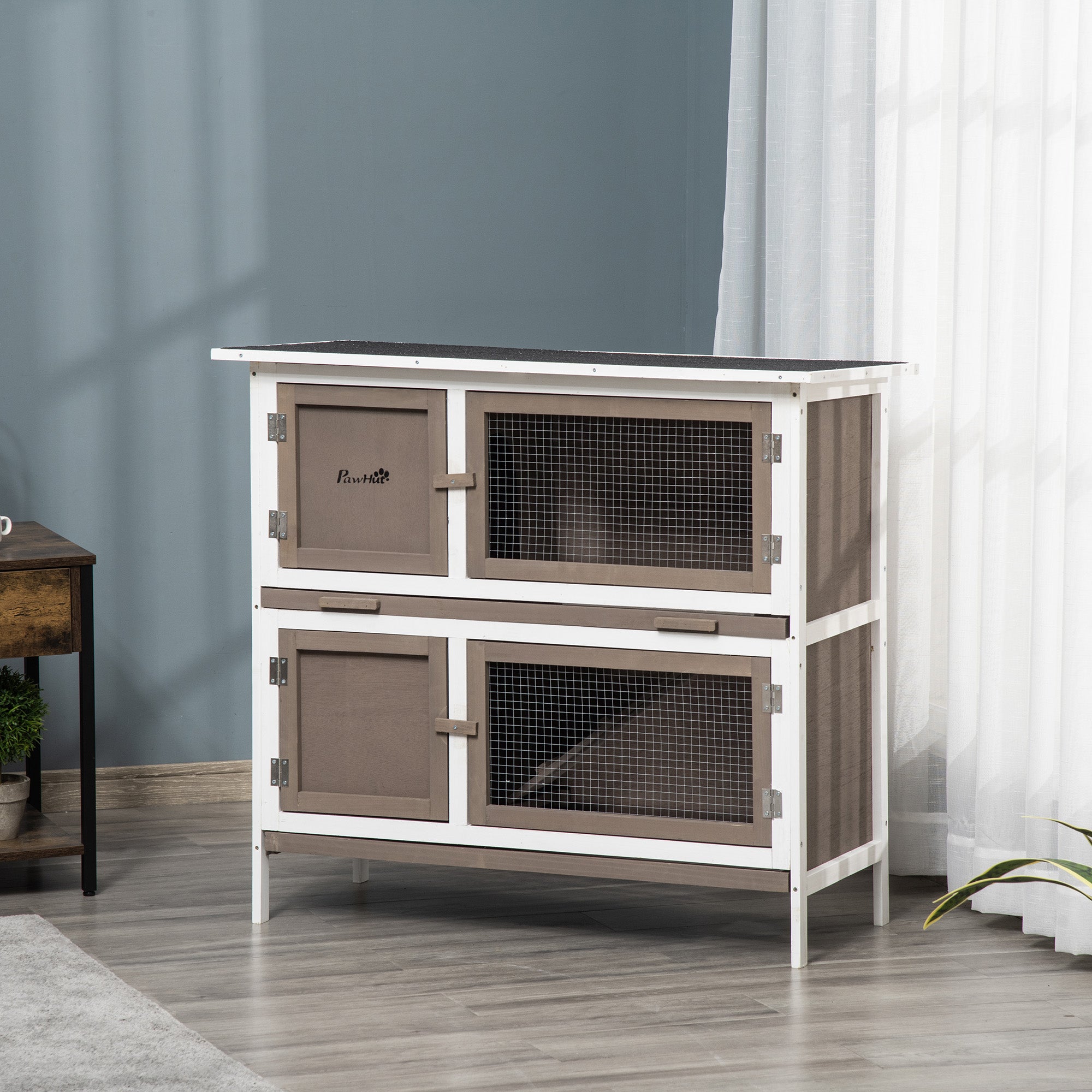PawHut Wooden Bunny Rabbit Hutch, Small Animal Habitat with Ramp, Removable Tray & Weatherproof Roof, Indoor/Outdoor, Brown