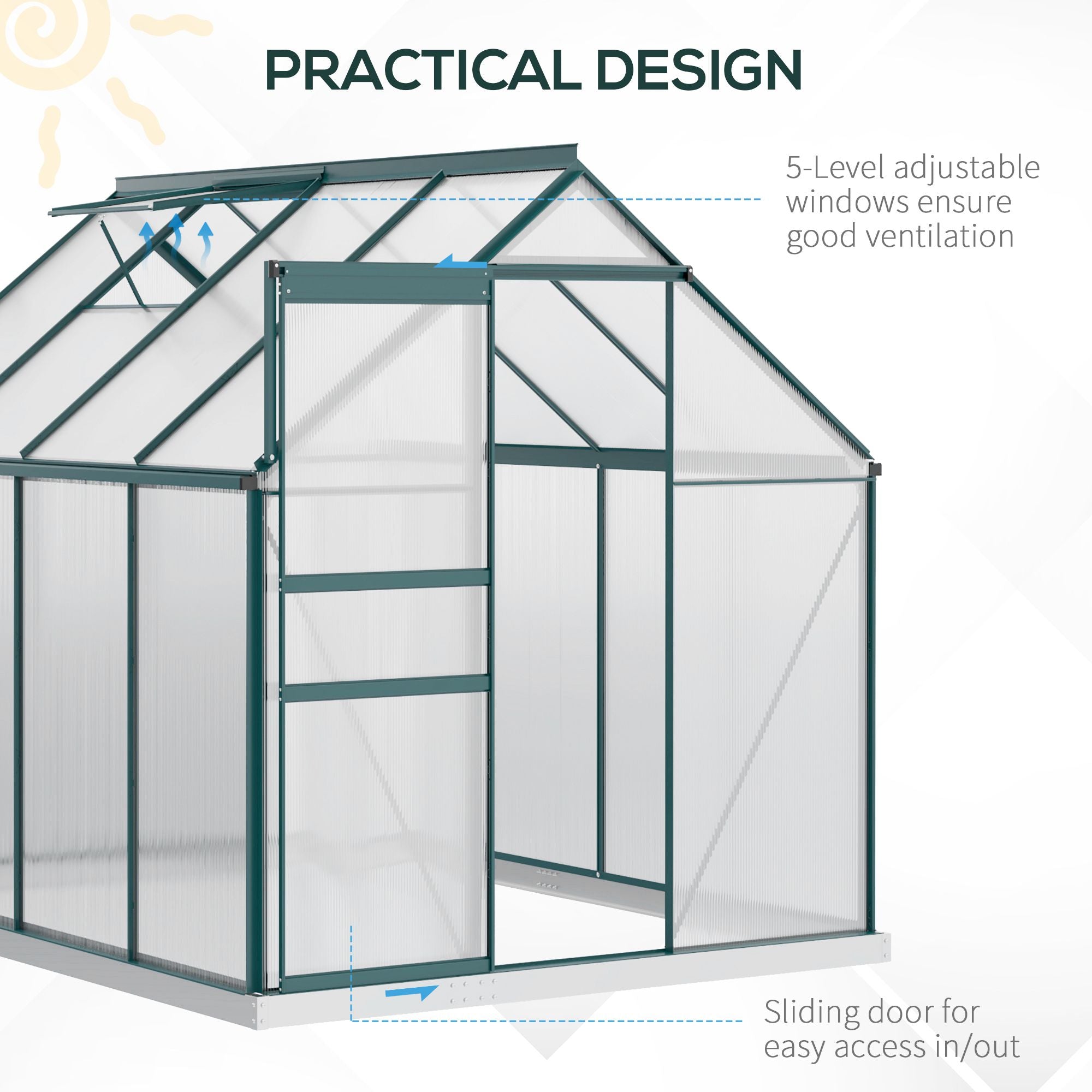 Outsunny 6' x 8' x 6.5' Polycarbonate Greenhouse, Walk-in Green House with Adjustable Roof Vent Galvanized Base Sliding Door Rain Gutter for Outdoor Garden Backyard, Green