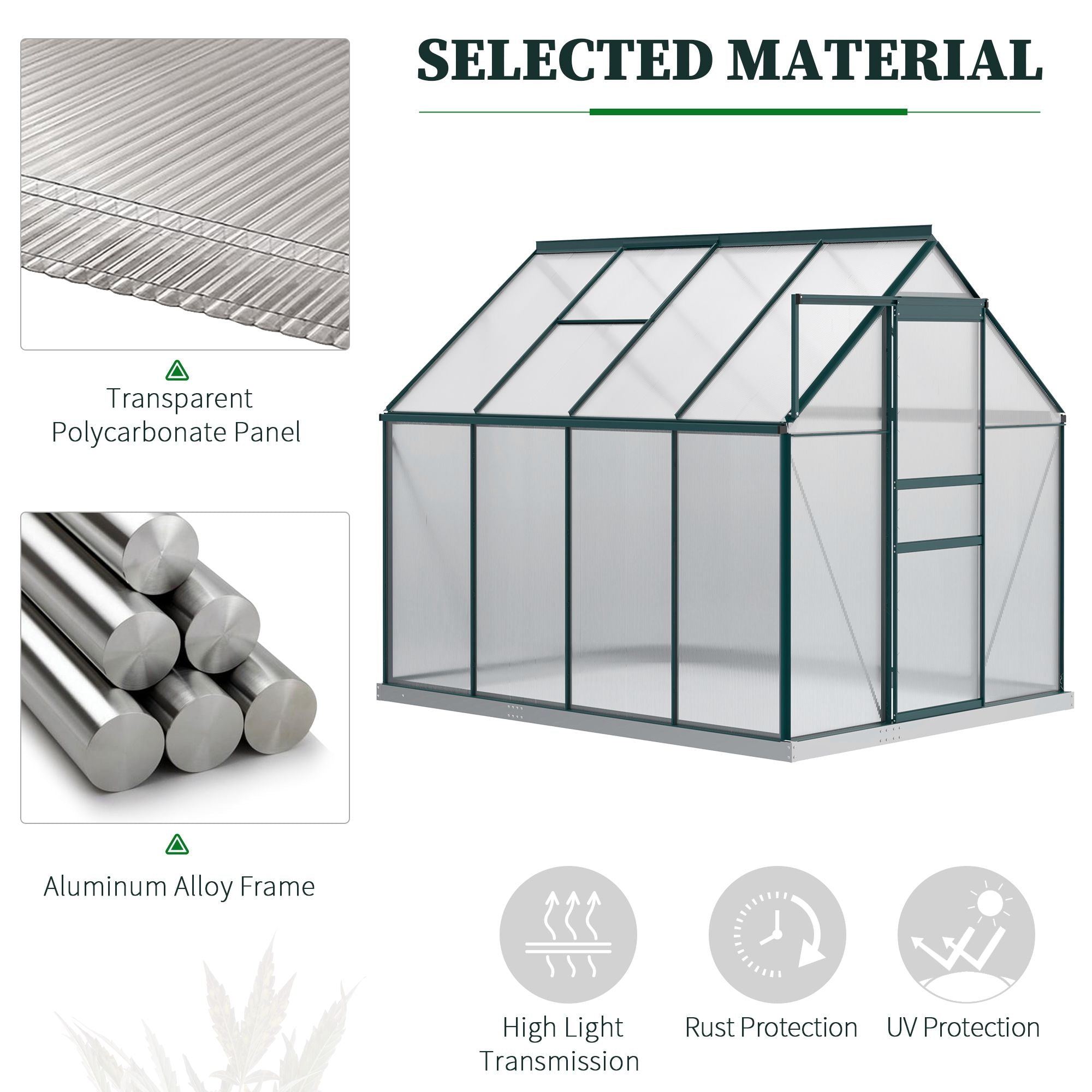 Outsunny 6' x 8' x 6.5' Polycarbonate Greenhouse, Walk-in Green House with Adjustable Roof Vent Galvanized Base Sliding Door Rain Gutter for Outdoor Garden Backyard, Green