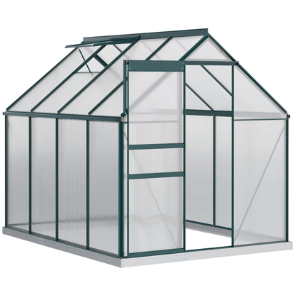 Outsunny 6' x 8' x 6.5' Polycarbonate Greenhouse, Walk-in Green House with Adjustable Roof Vent Galvanized Base Sliding Door Rain Gutter for Outdoor Garden Backyard, Green