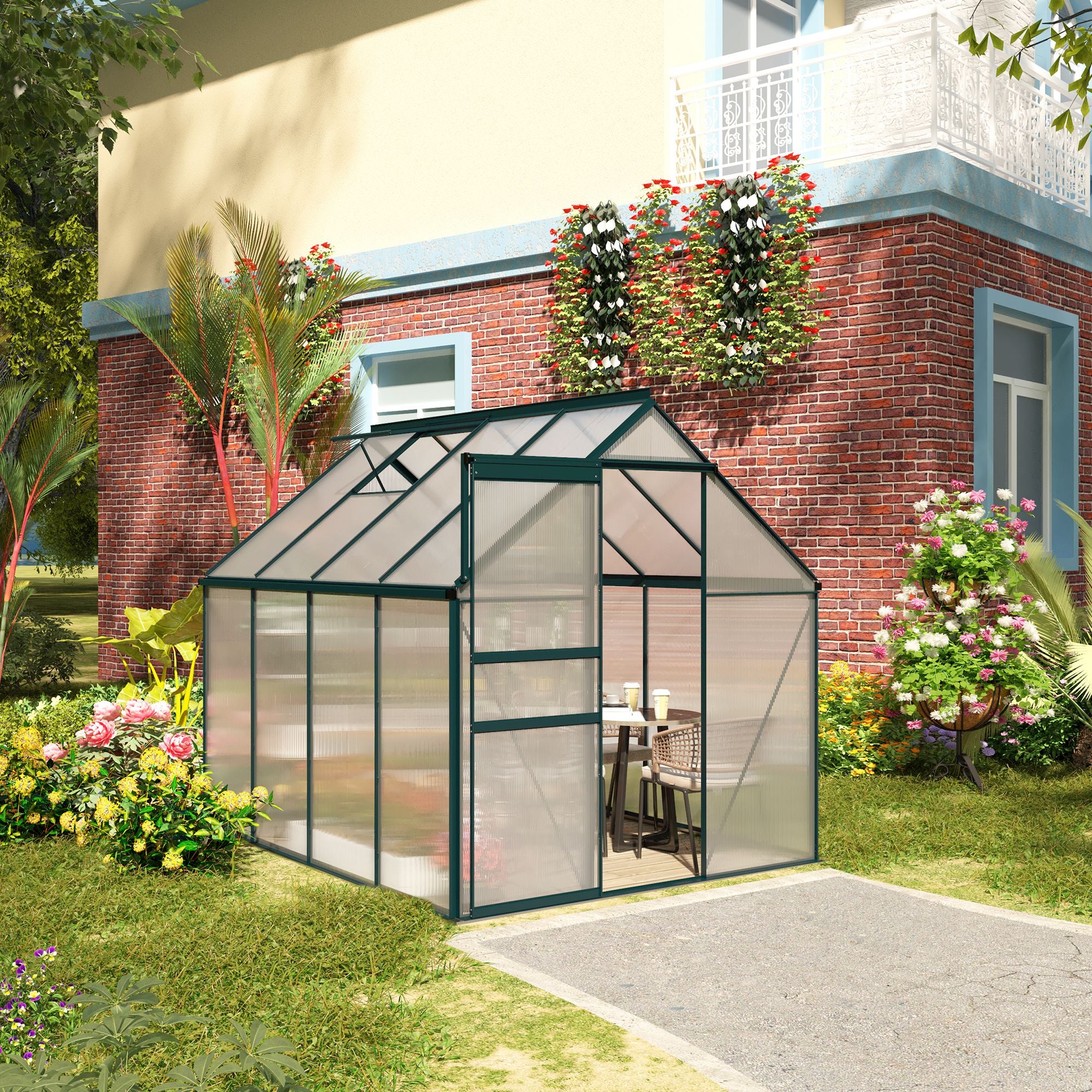 Outsunny 6' x 8' x 6.5' Polycarbonate Greenhouse, Walk-in Green House with Adjustable Roof Vent Galvanized Base Sliding Door Rain Gutter for Outdoor Garden Backyard, Green