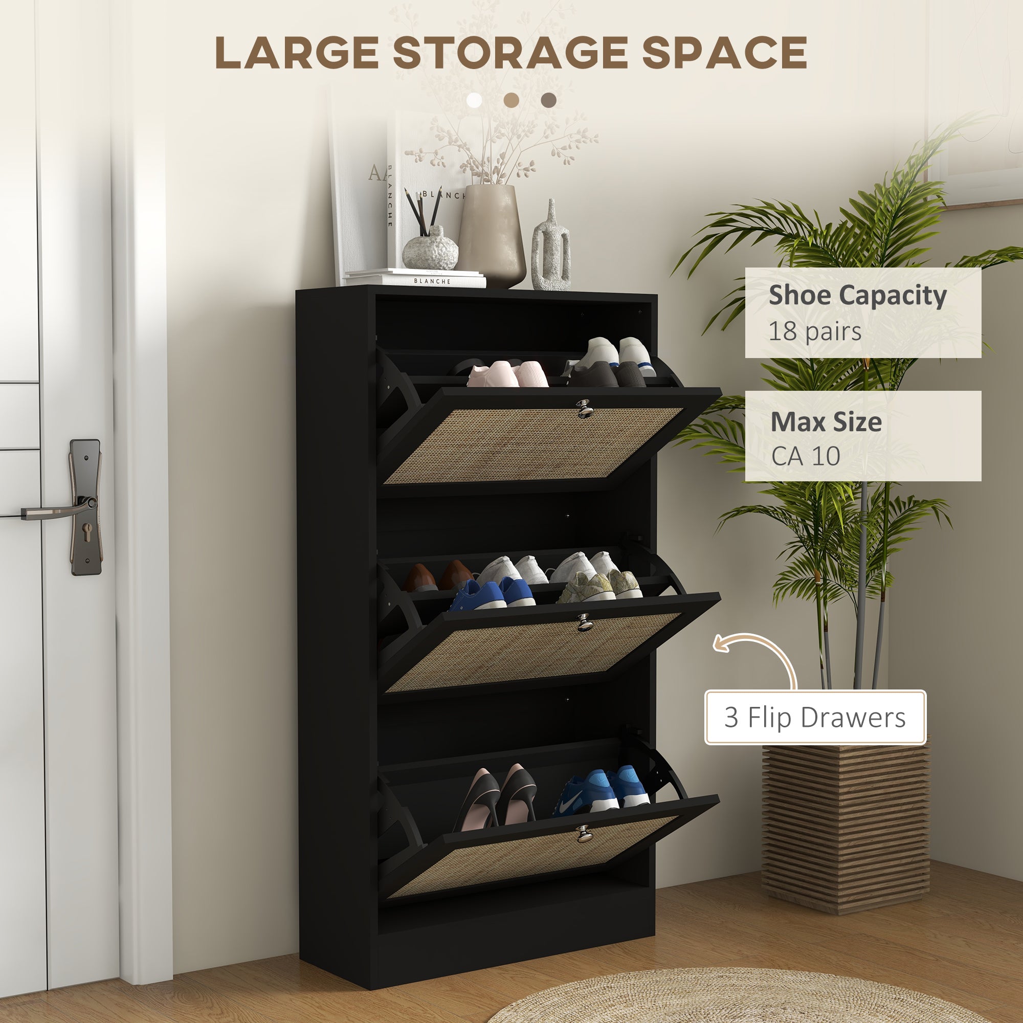 HOMCOM Boho Rattan Shoe Cabinet with 3 Flip Drawers and Adjustable Shelves, Narrow Shoe Storage Cabinet, Holds 18 Pairs for Entryway, Hallway, Black